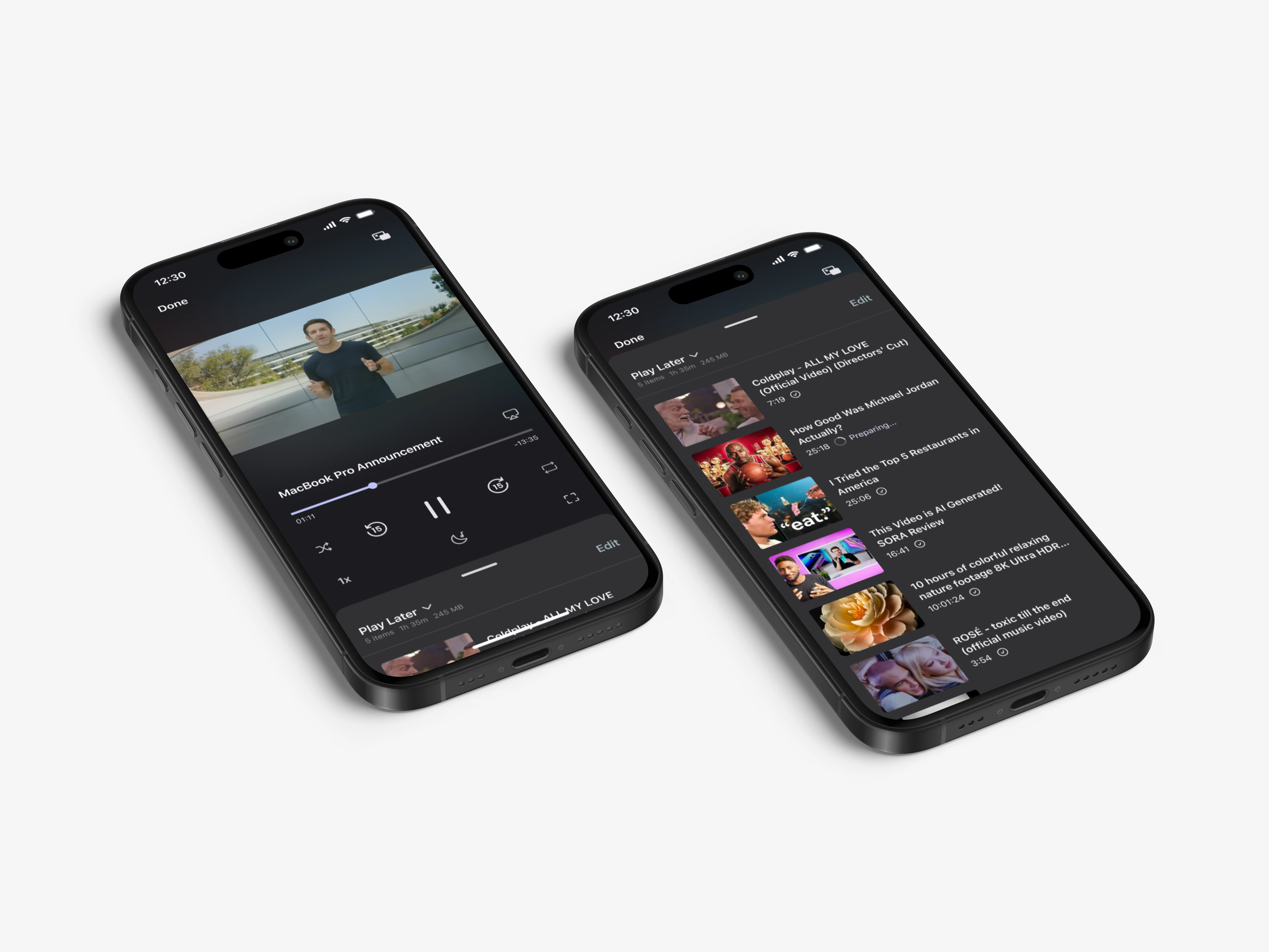 Two iPhones showing Brave Playlist: a video player and a Play Later queue