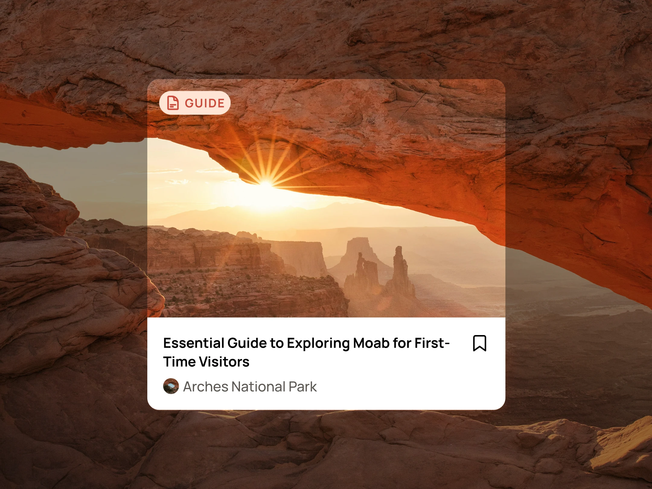 Wander guide card for exploring Moab, set over a sunlit canyon arch