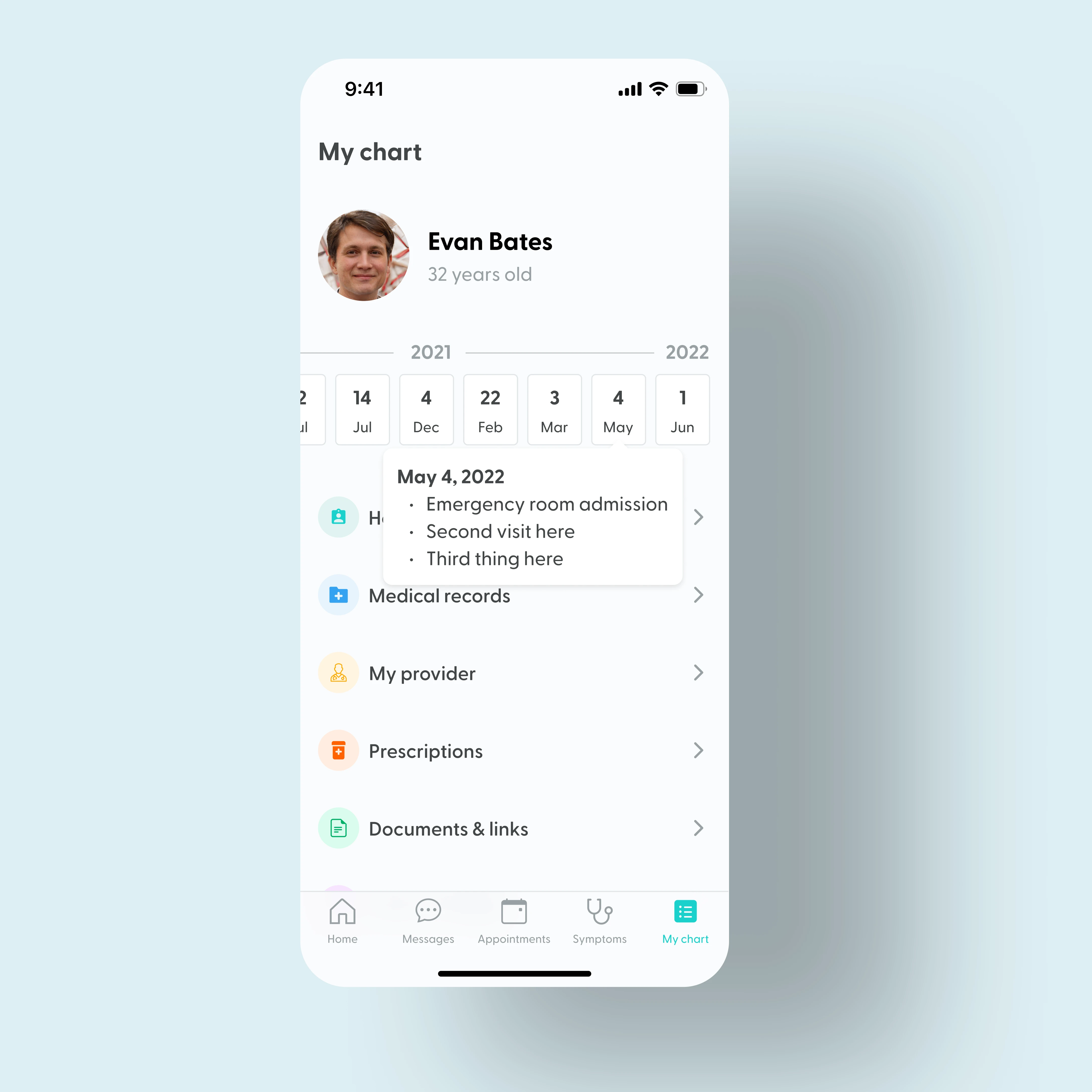 LifeMD My chart screen with patient profile, visit timeline and health record links