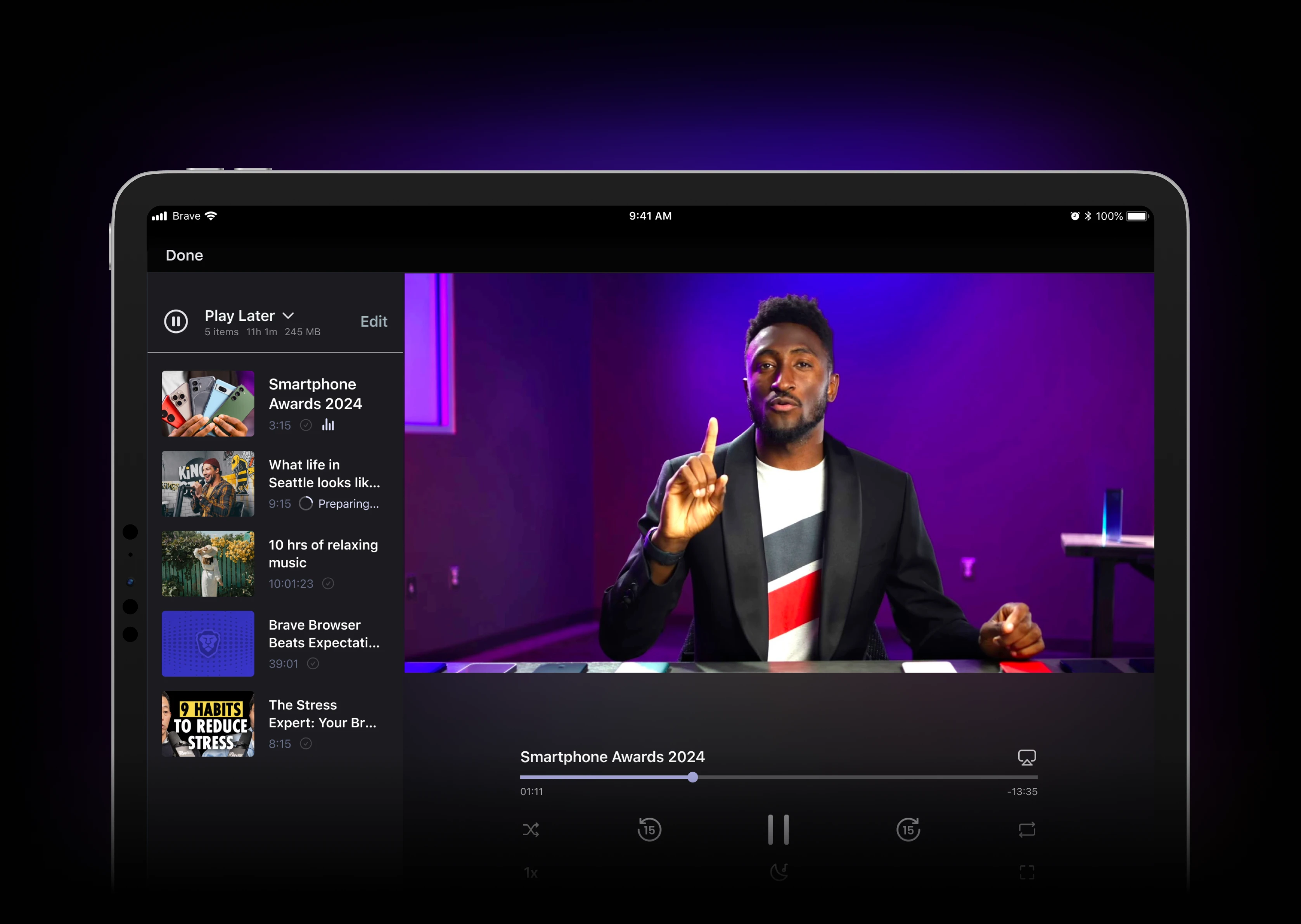Brave Playlist on iPad playing a video beside a Play Later queue