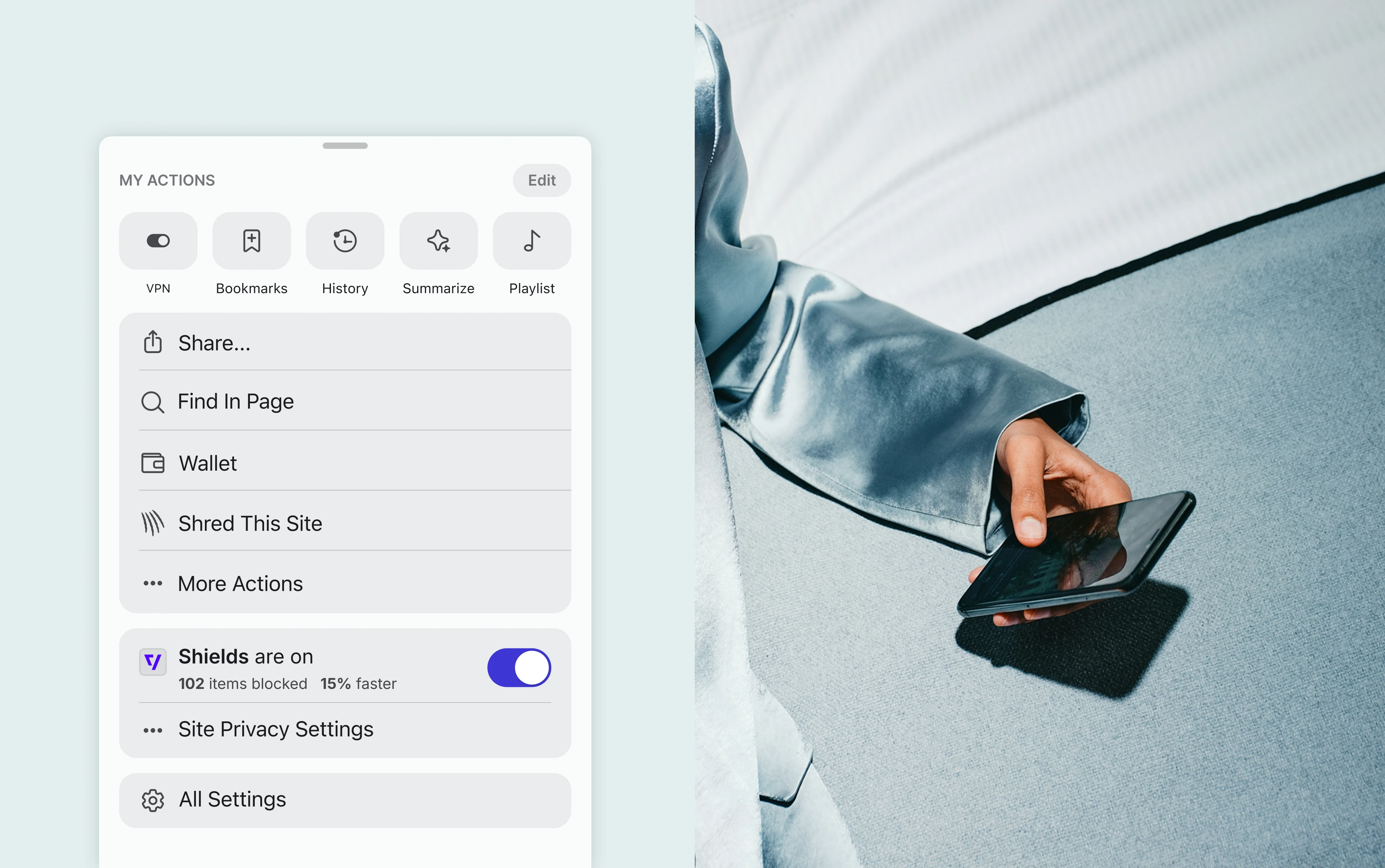 Brave menu with quick actions and Shields toggle, beside a hand holding a phone