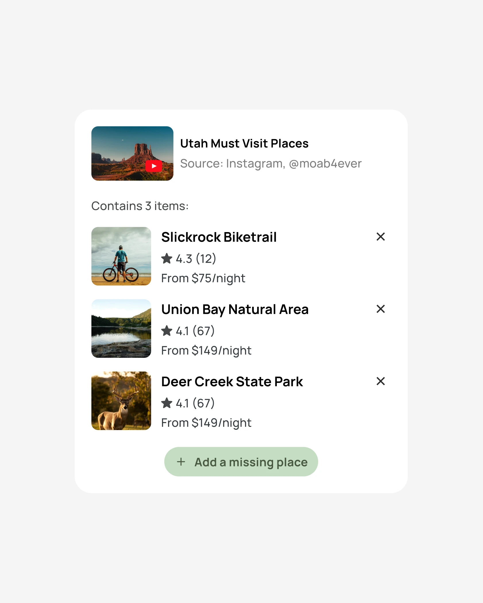 Wander import showing three places pulled from an Instagram post