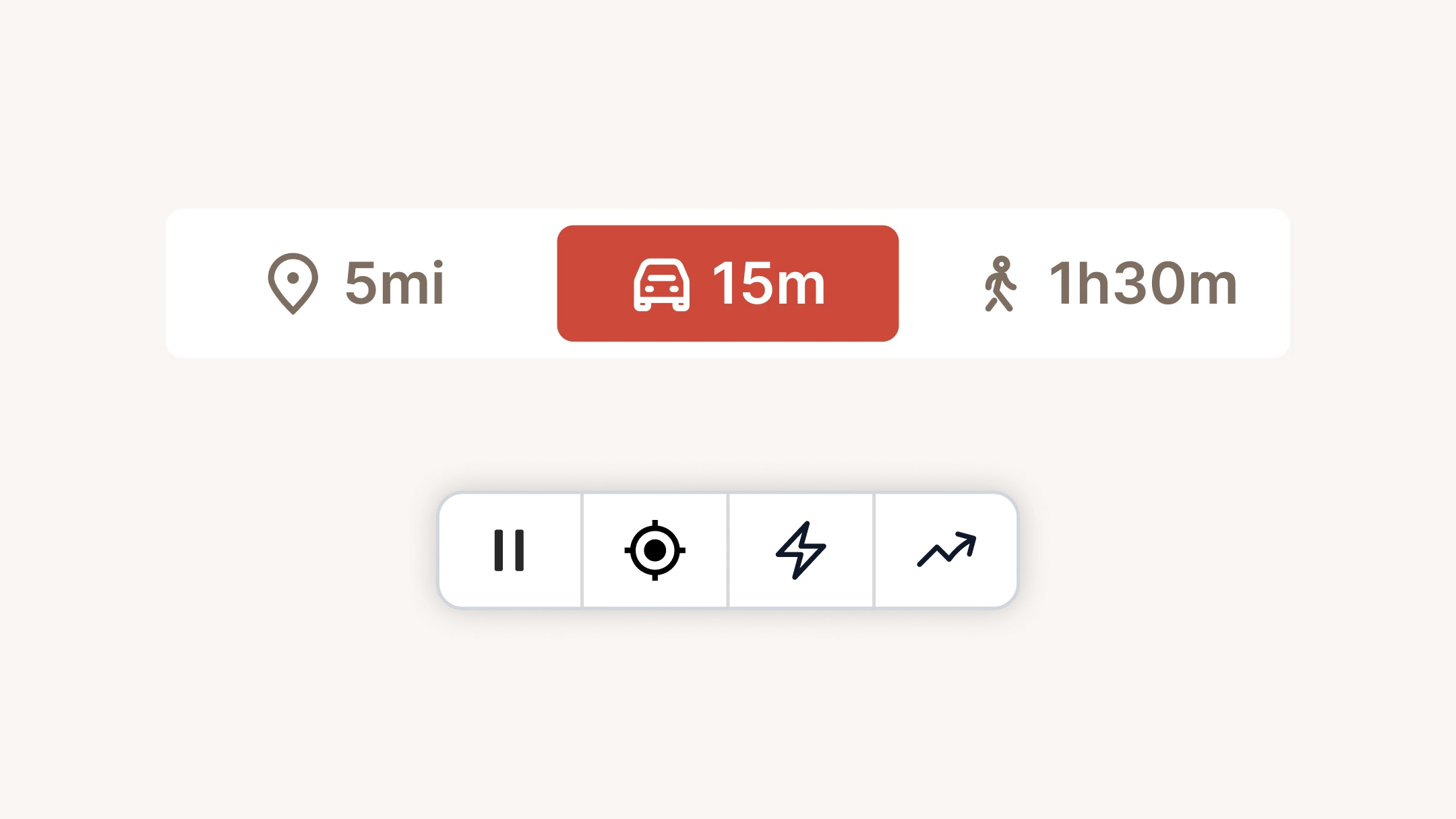 Wander route controls showing distance, drive time and walking time