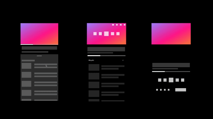 Animated wireframes of three Brave Playlist layouts: queue, player and controls