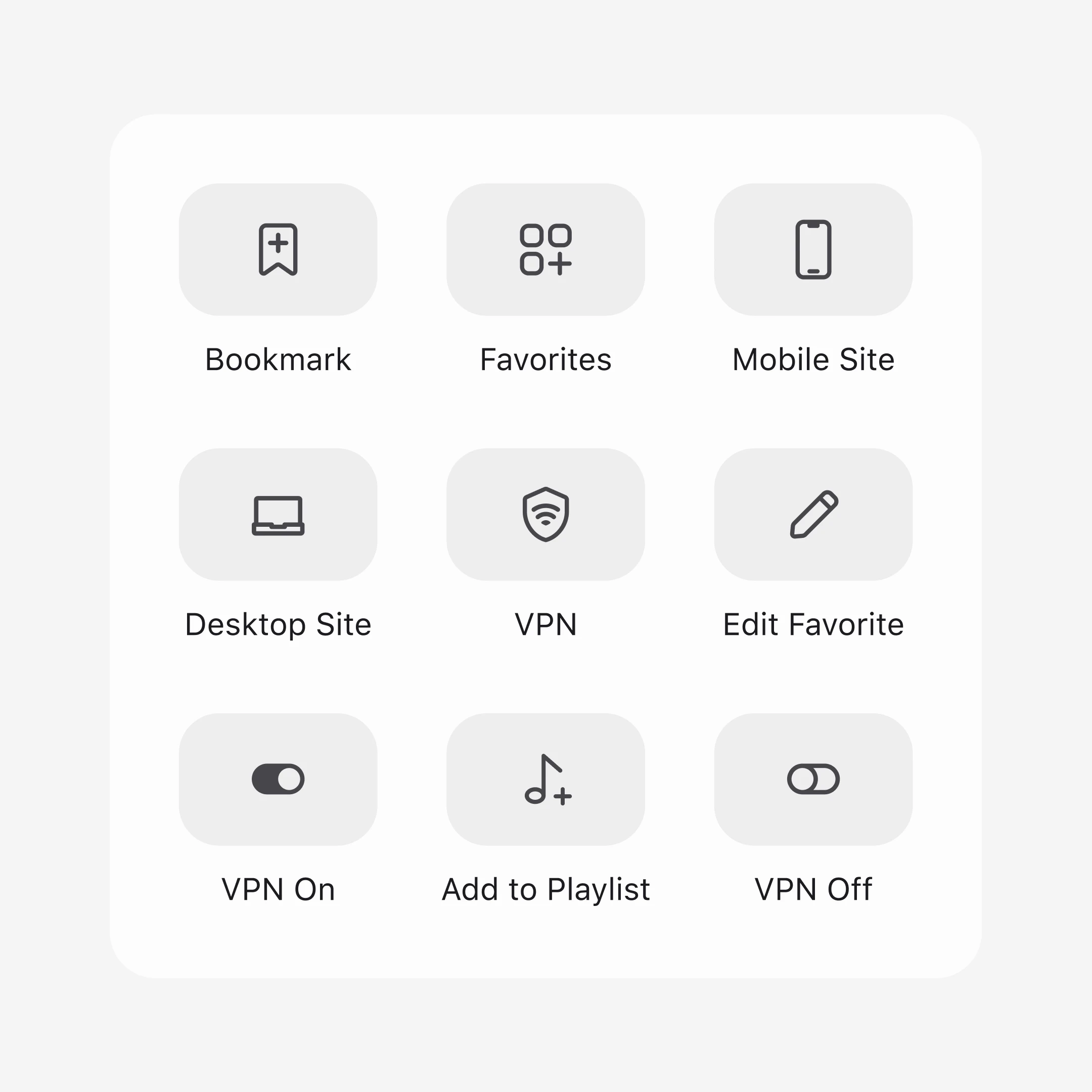 Brave menu grid of actions including Bookmark, Favorites, VPN and Add to Playlist