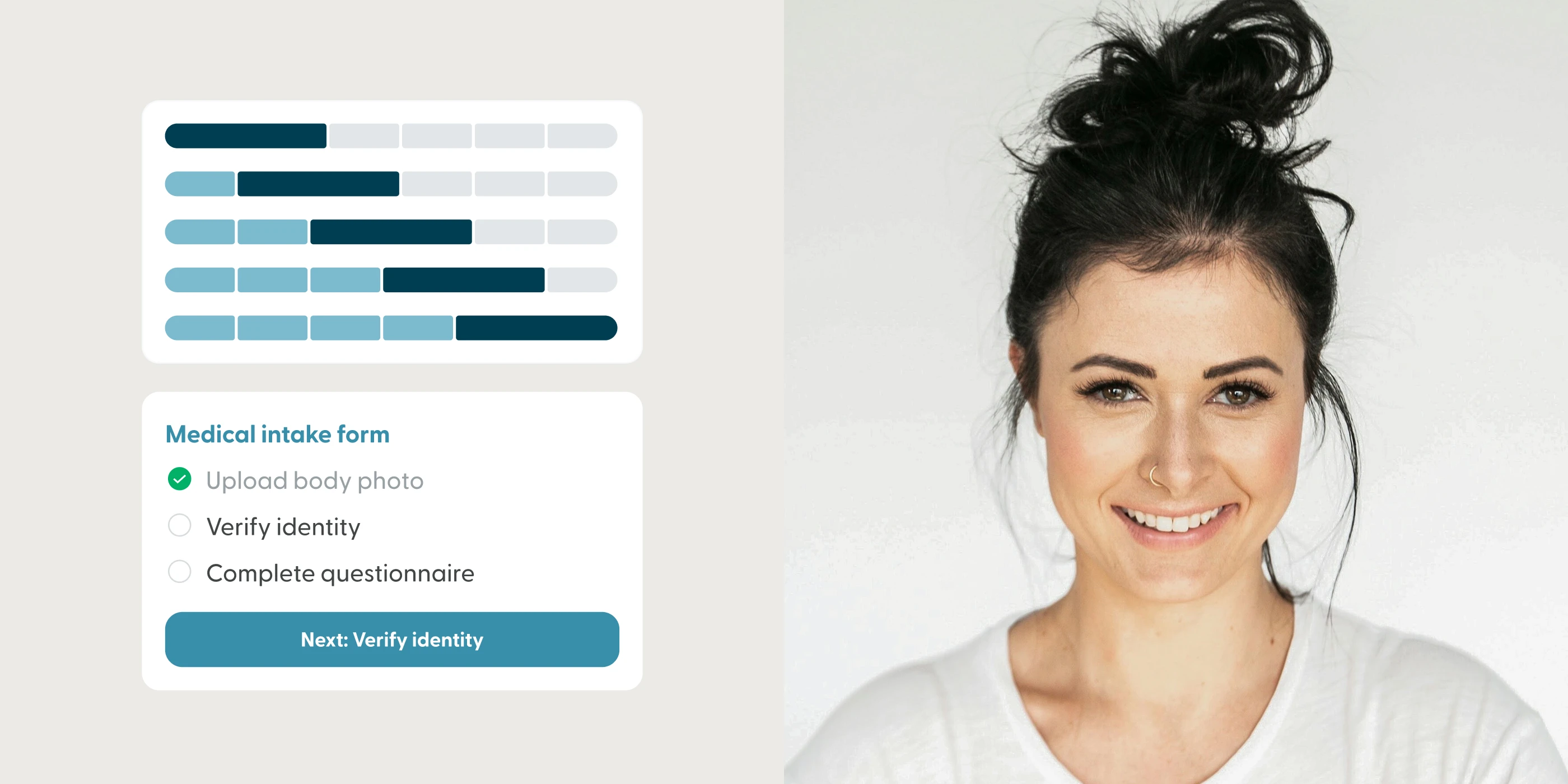 LifeMD medical intake form checklist with progress bars beside a smiling woman