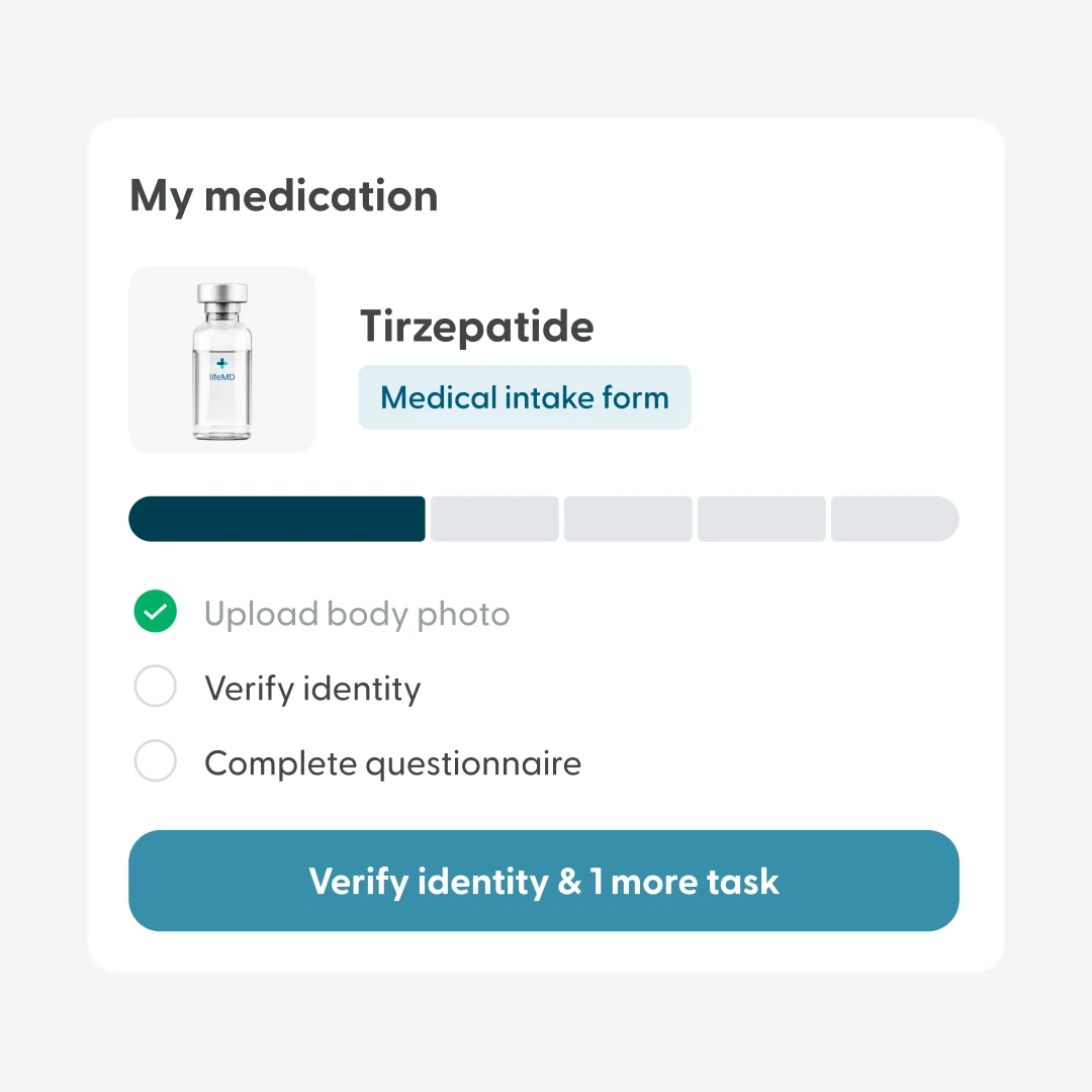 LifeMD medication tracker card for Tirzepatide showing intake form steps and progress