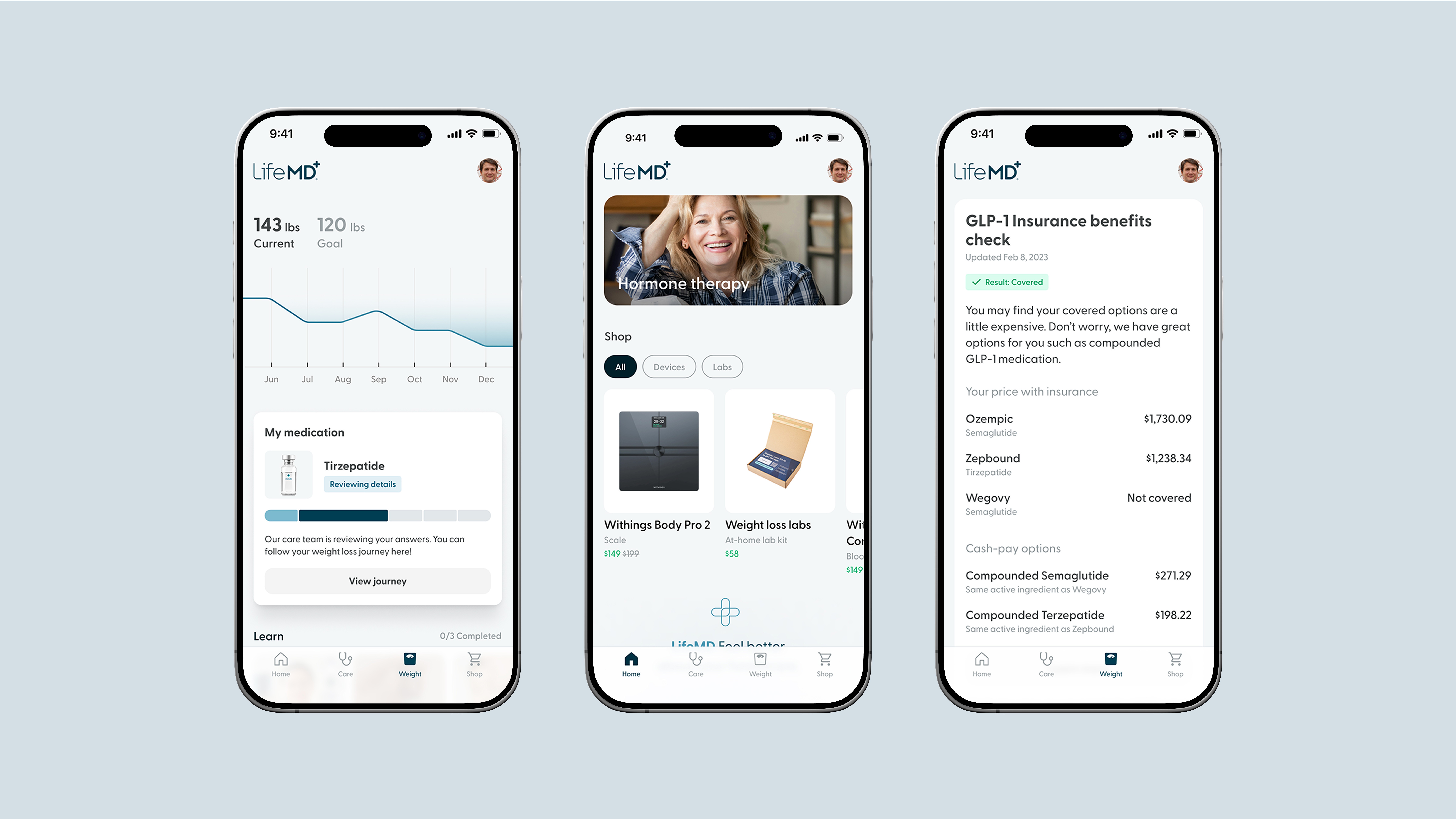 Three LifeMD app screens: weight progress, shop, and GLP-1 insurance benefits check