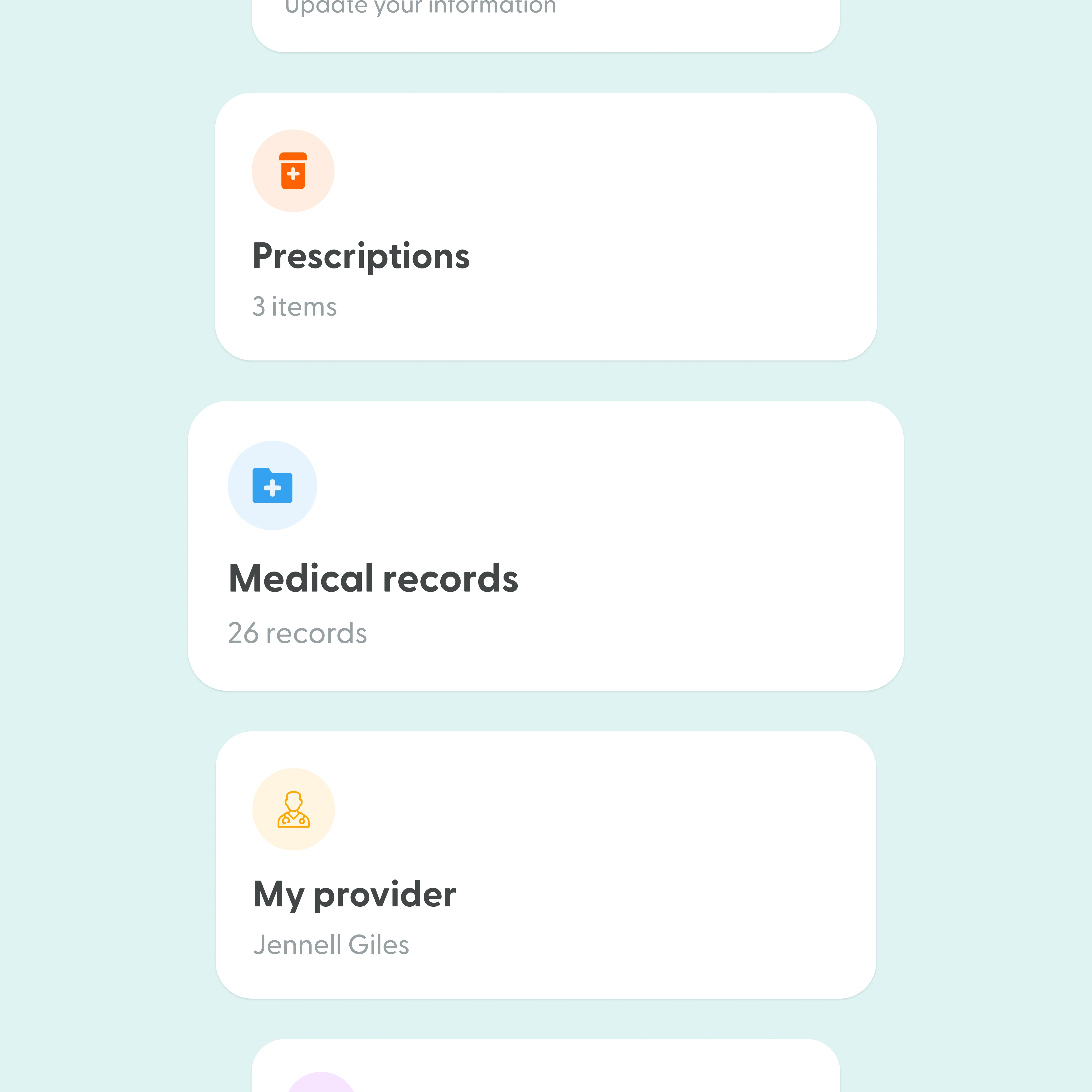 LifeMD My chart cards for prescriptions, medical records and my provider