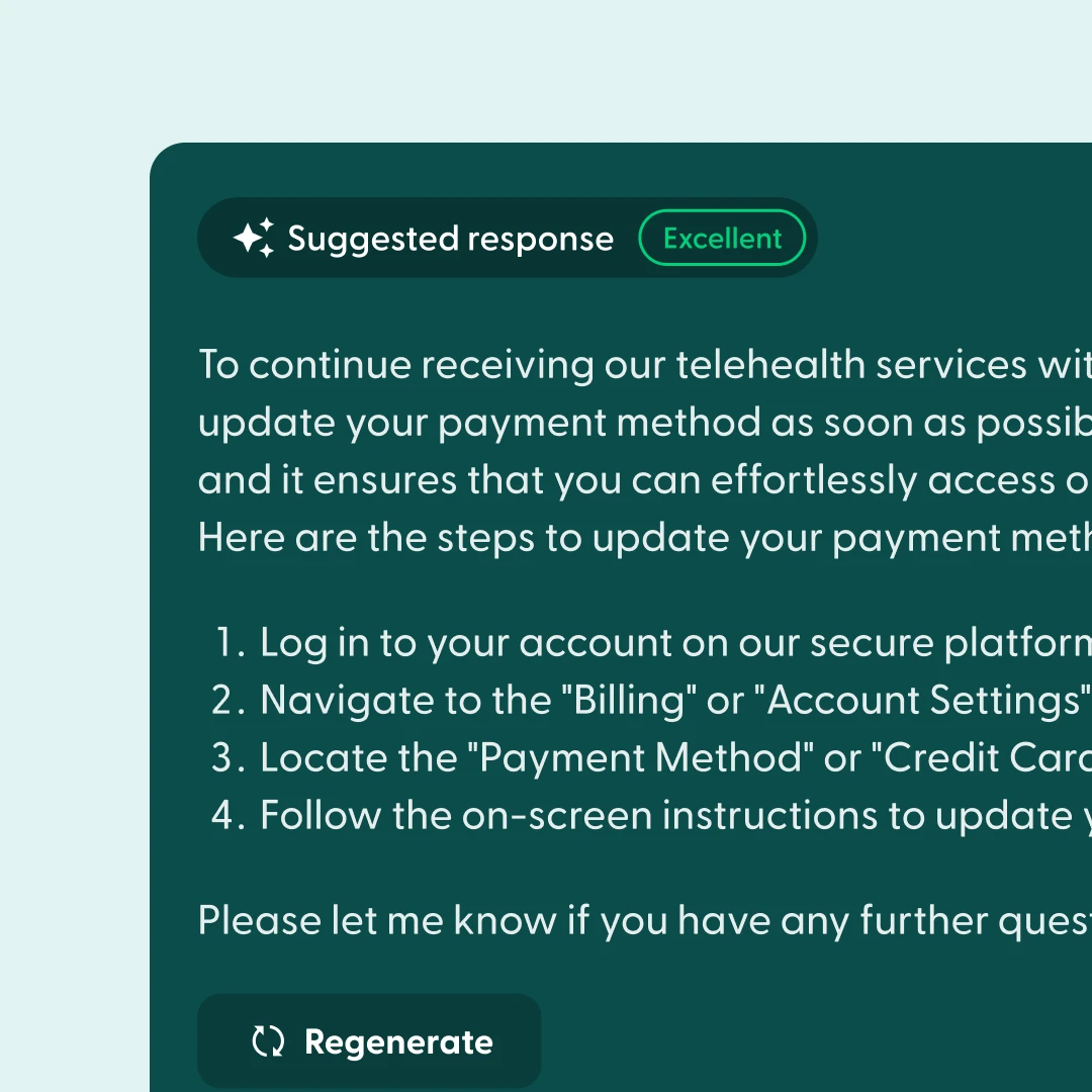 AI suggested response rated Excellent, explaining how to update a payment method