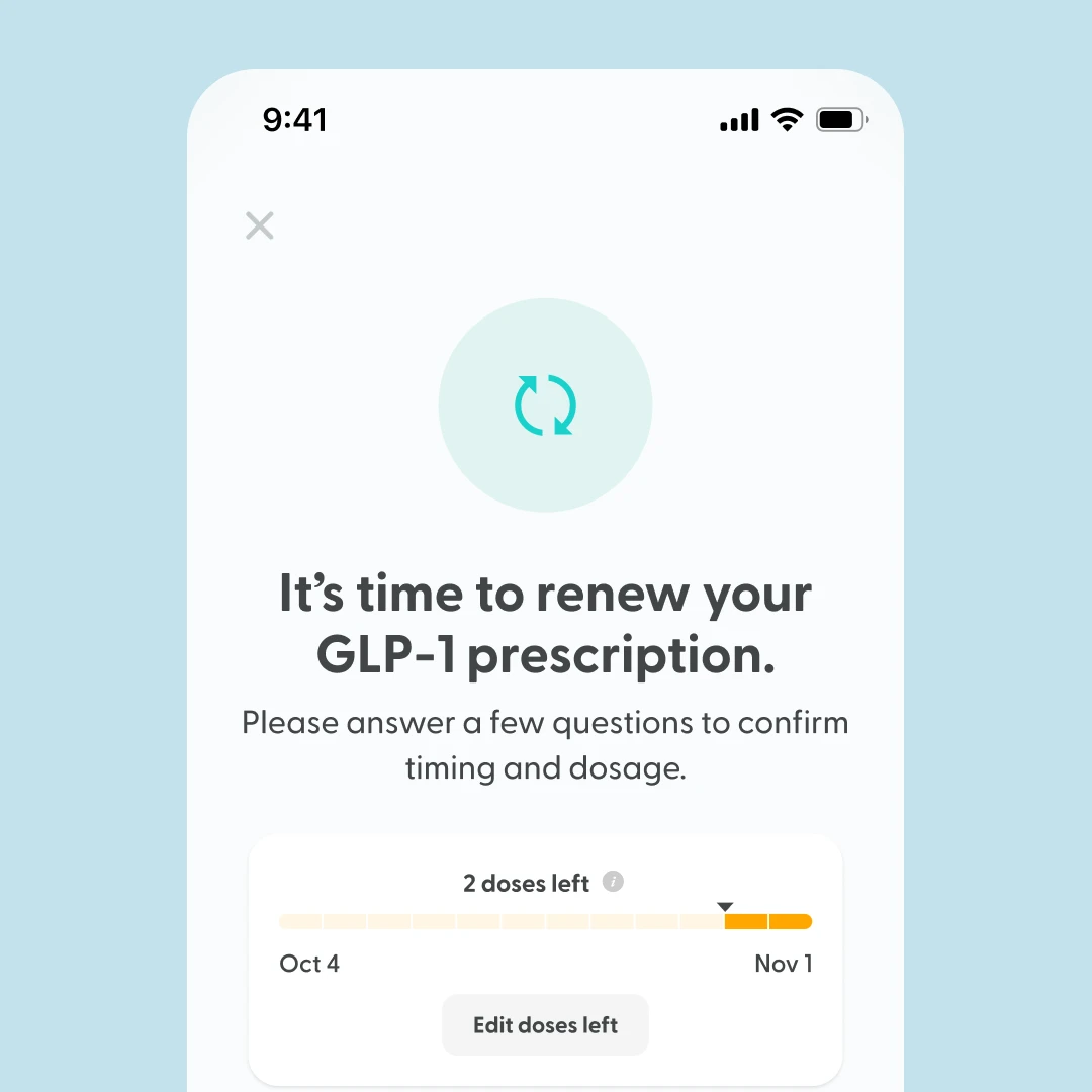 LifeMD renewal screen prompting a GLP-1 prescription renewal, with doses left