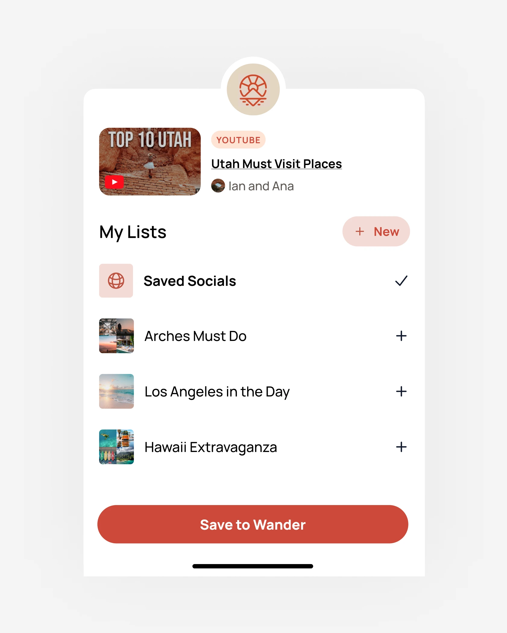 Wander save sheet adding a YouTube video to the Saved Socials list
