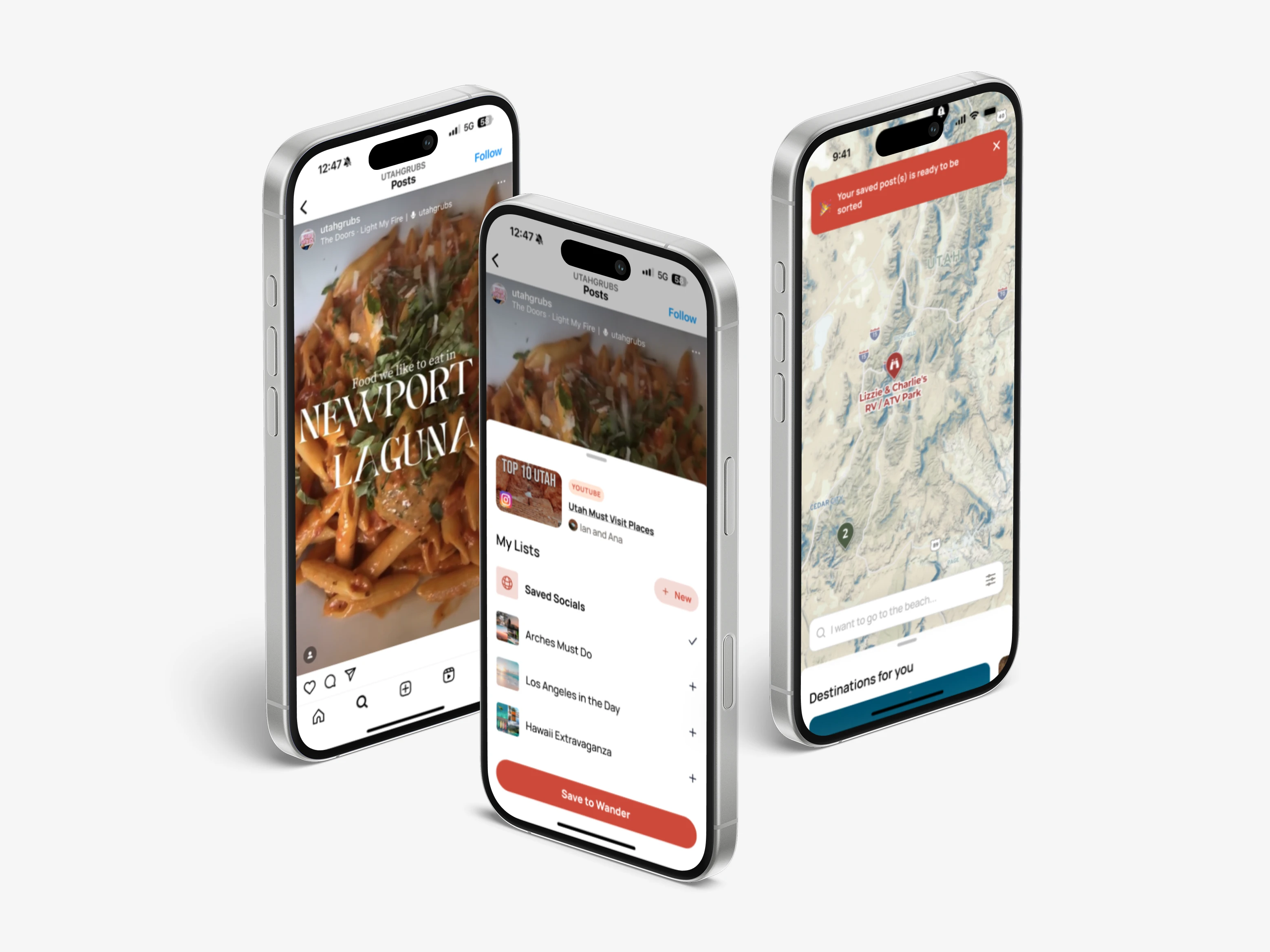 Three iPhones showing an Instagram post saved to Wander and pinned on a map