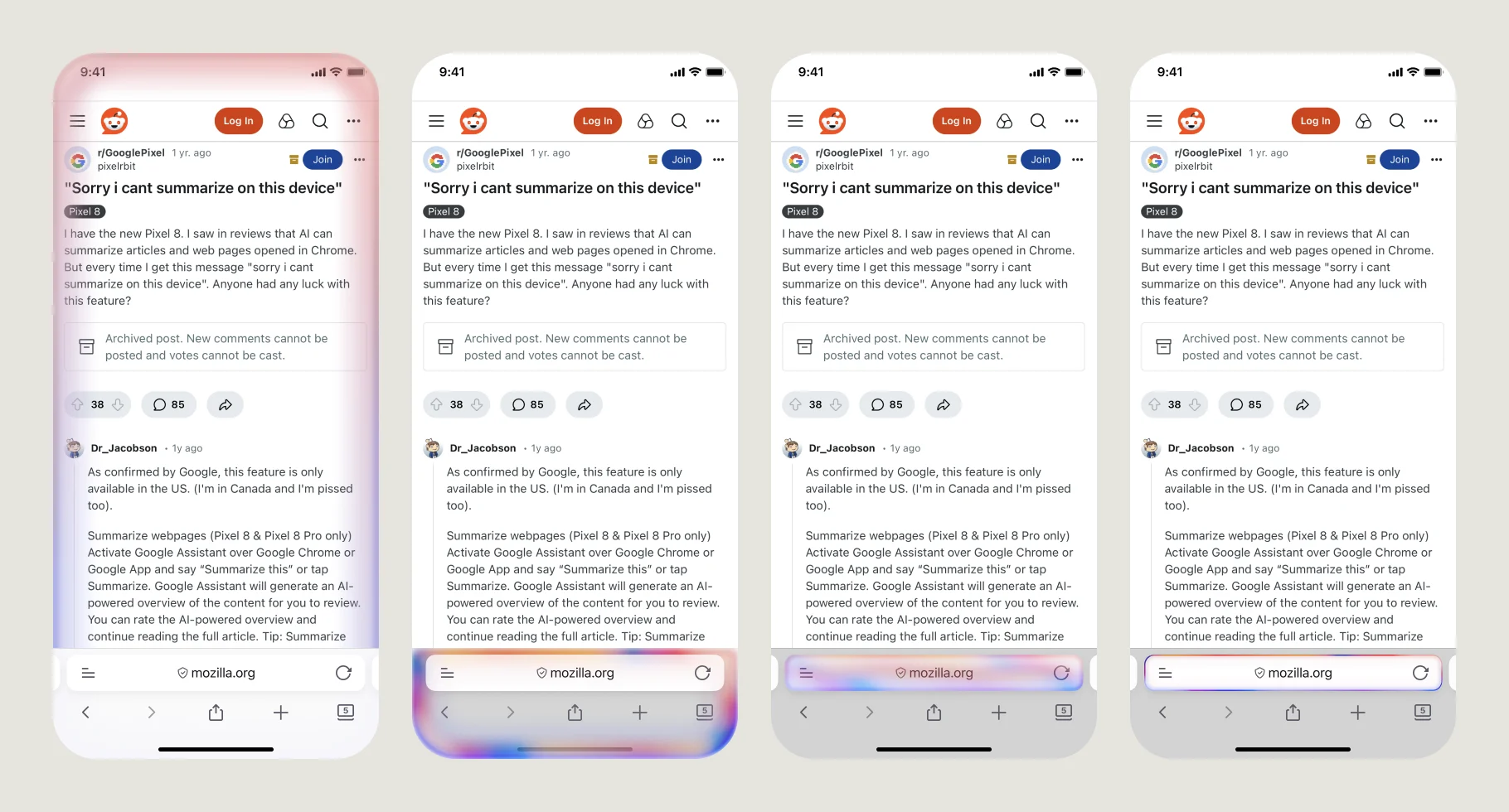 Four Firefox iPhone screens with the glow on the frame, toolbar or address bar