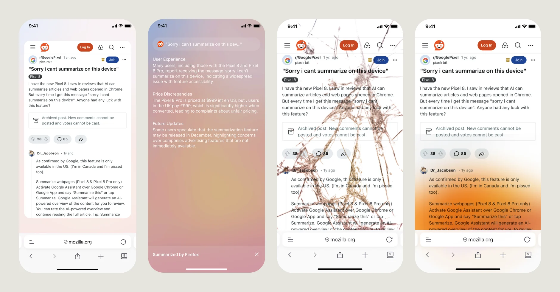 Four Firefox iPhone screens testing shake effects: AI space, cracked glass, fire glow
