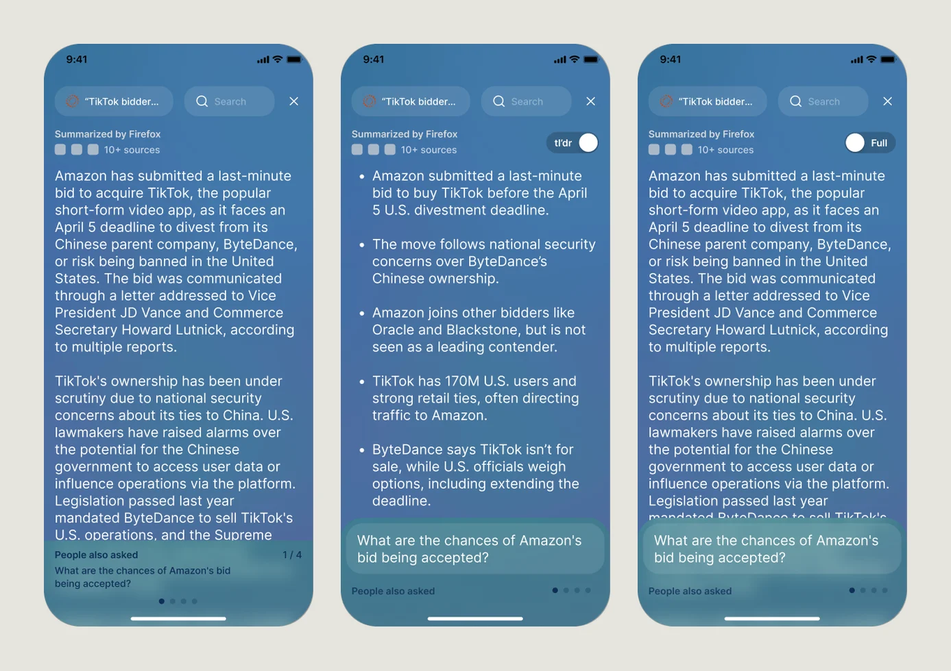 Three Firefox summary screens: full text, tl;dr bullets, and the Full toggle
