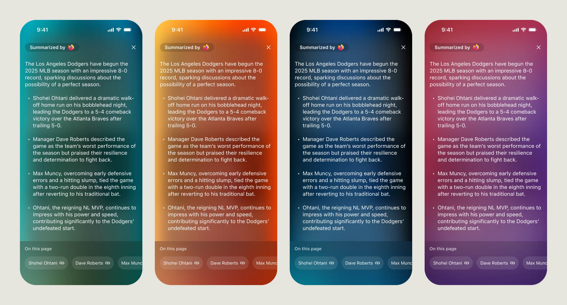 Four Firefox summary screens on teal, orange, navy and red-to-purple backgrounds