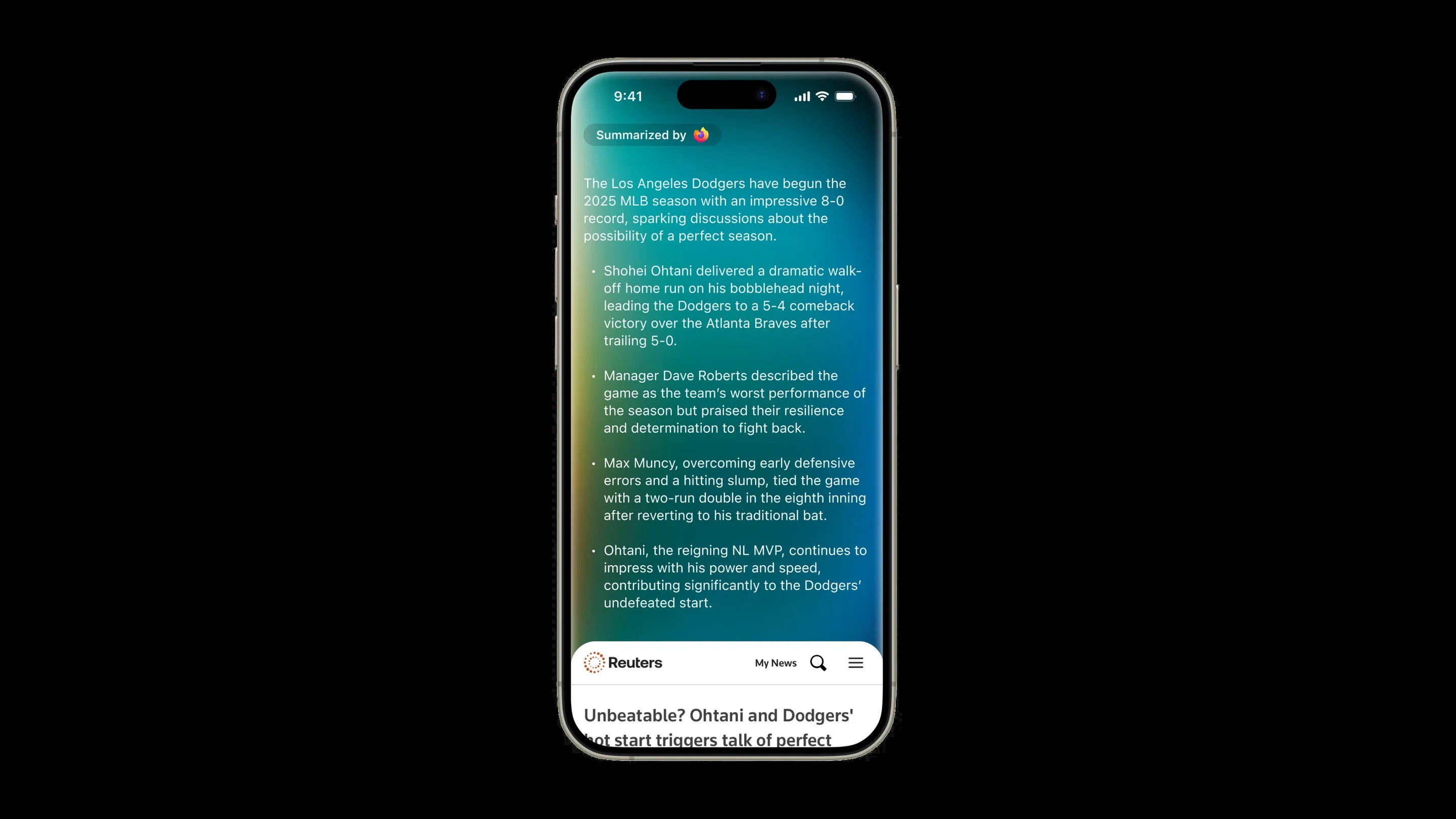 Firefox on iPhone showing a bulleted summary of a Reuters article