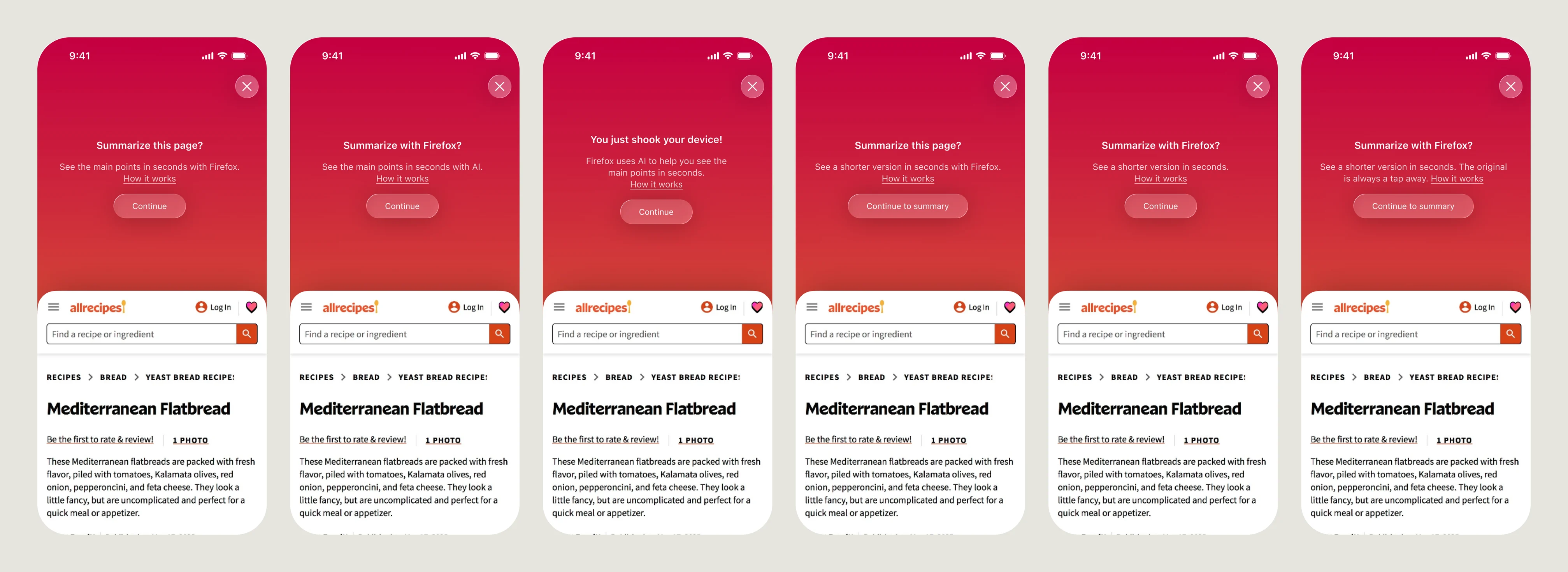 Six Firefox opt-in variants on red, asking to summarize an Allrecipes recipe