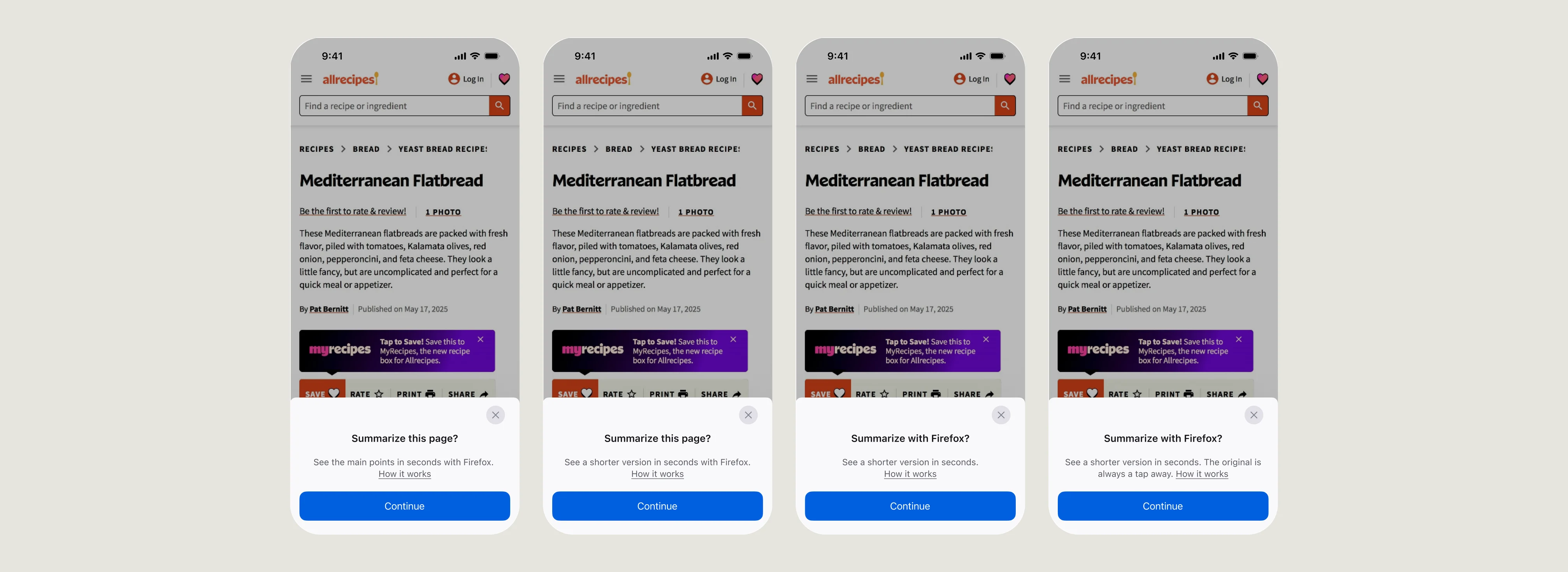 Four Firefox opt-in sheets asking to summarize an Allrecipes page, with Continue