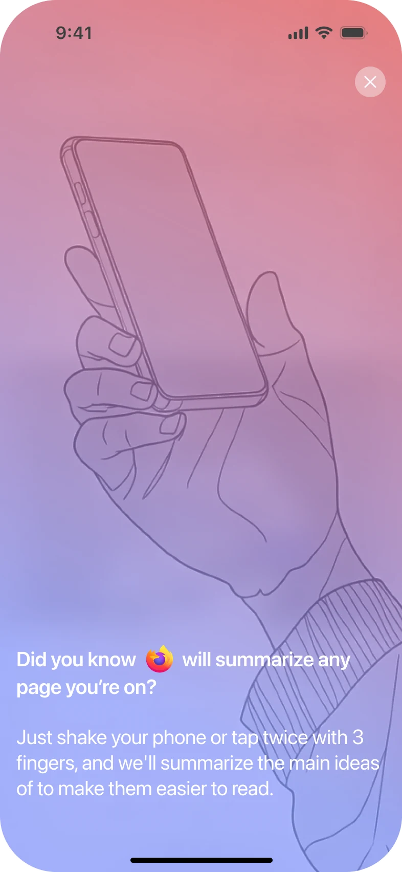 Full-screen Firefox intro with a hand shaking a phone above the explanation