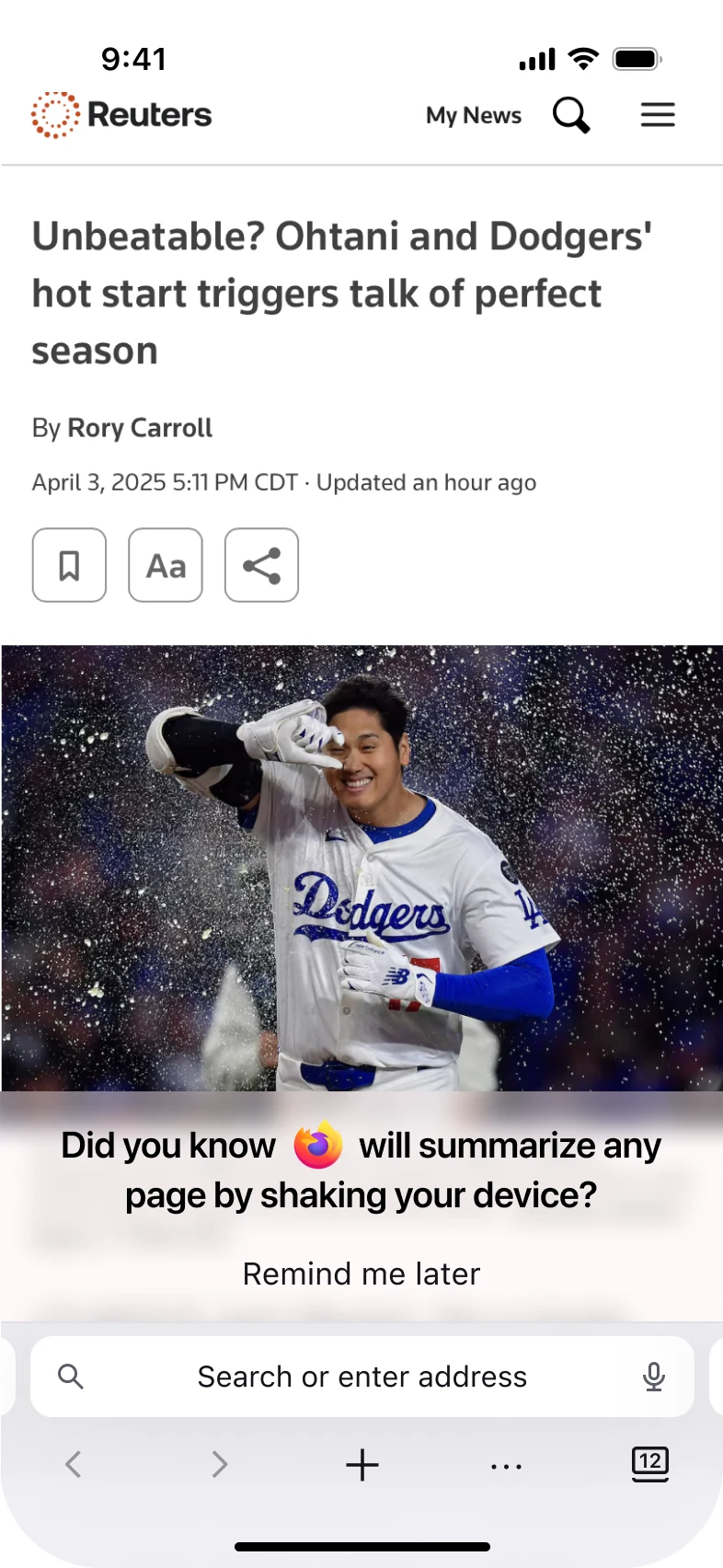 Banner over a Reuters article asking to summarize any page by shaking