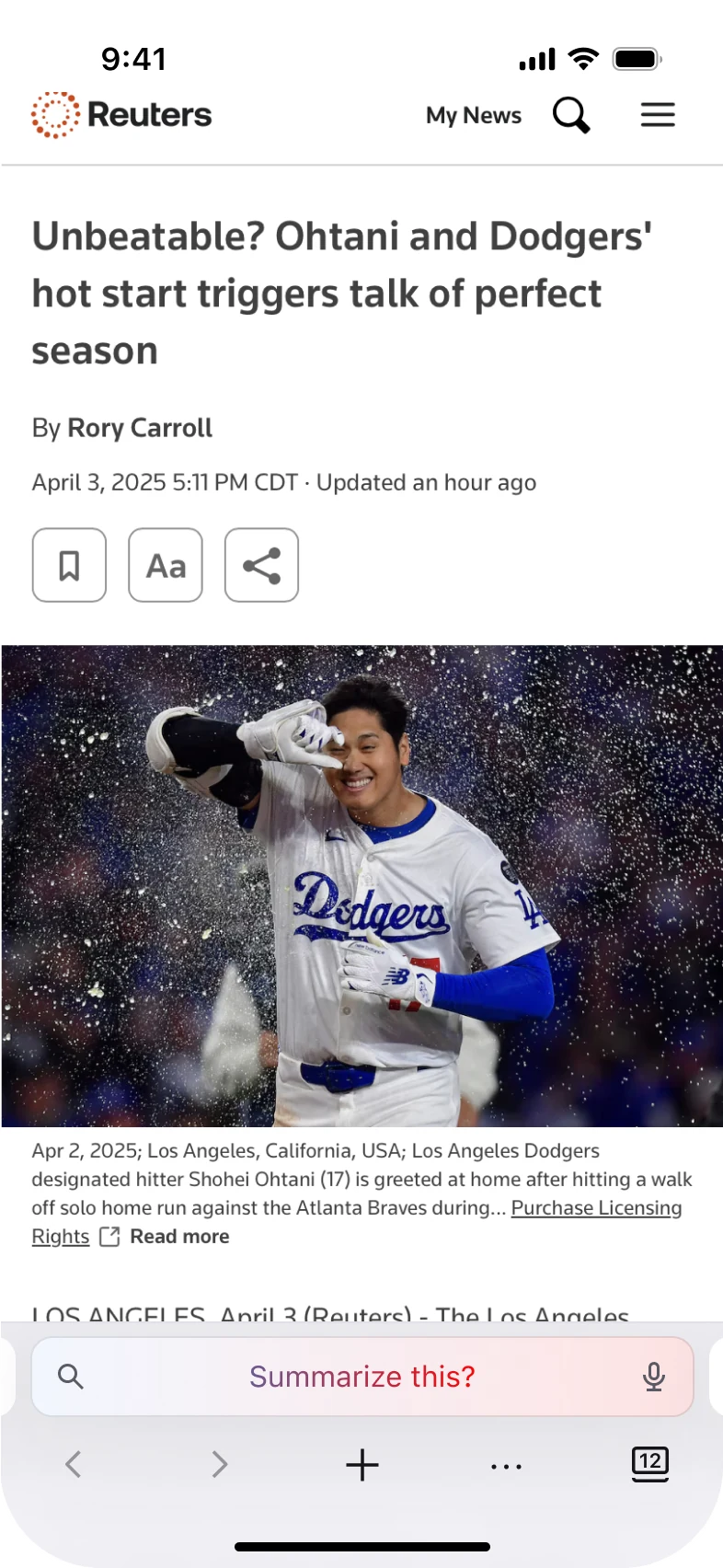 Firefox address bar reading “Summarize this?” below a Reuters article