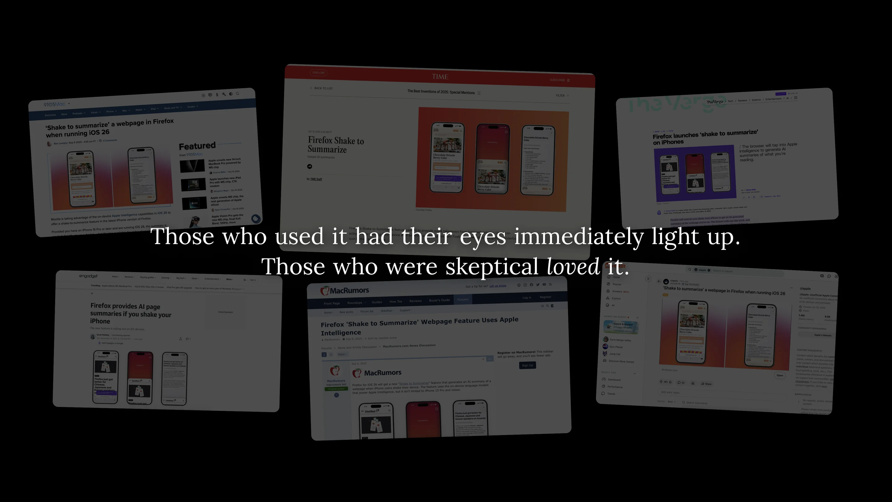 Collage of press coverage of Firefox Shake to Summarize, including TIME and MacRumors