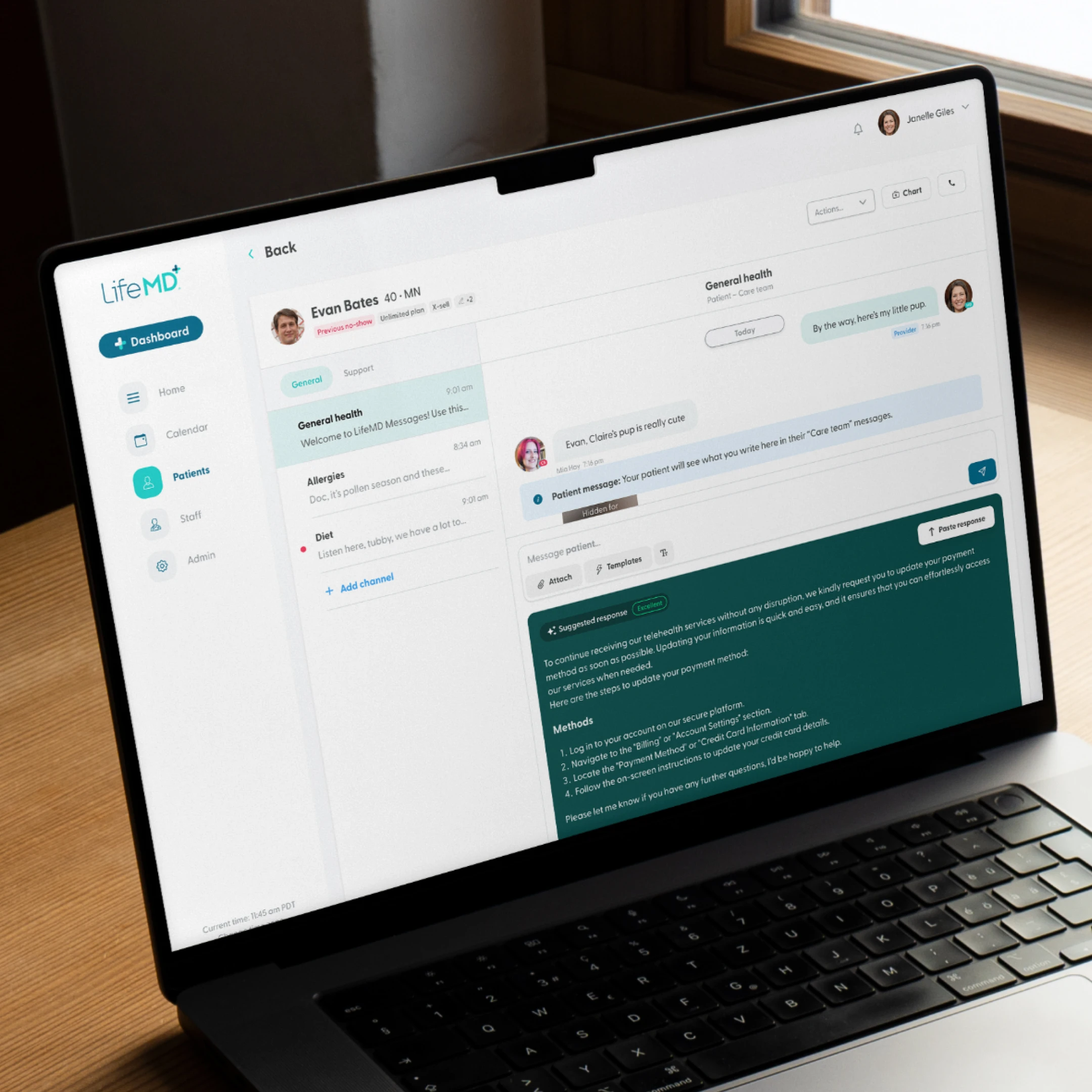 LifeMD provider platform on a laptop showing patient messages and an AI suggested response