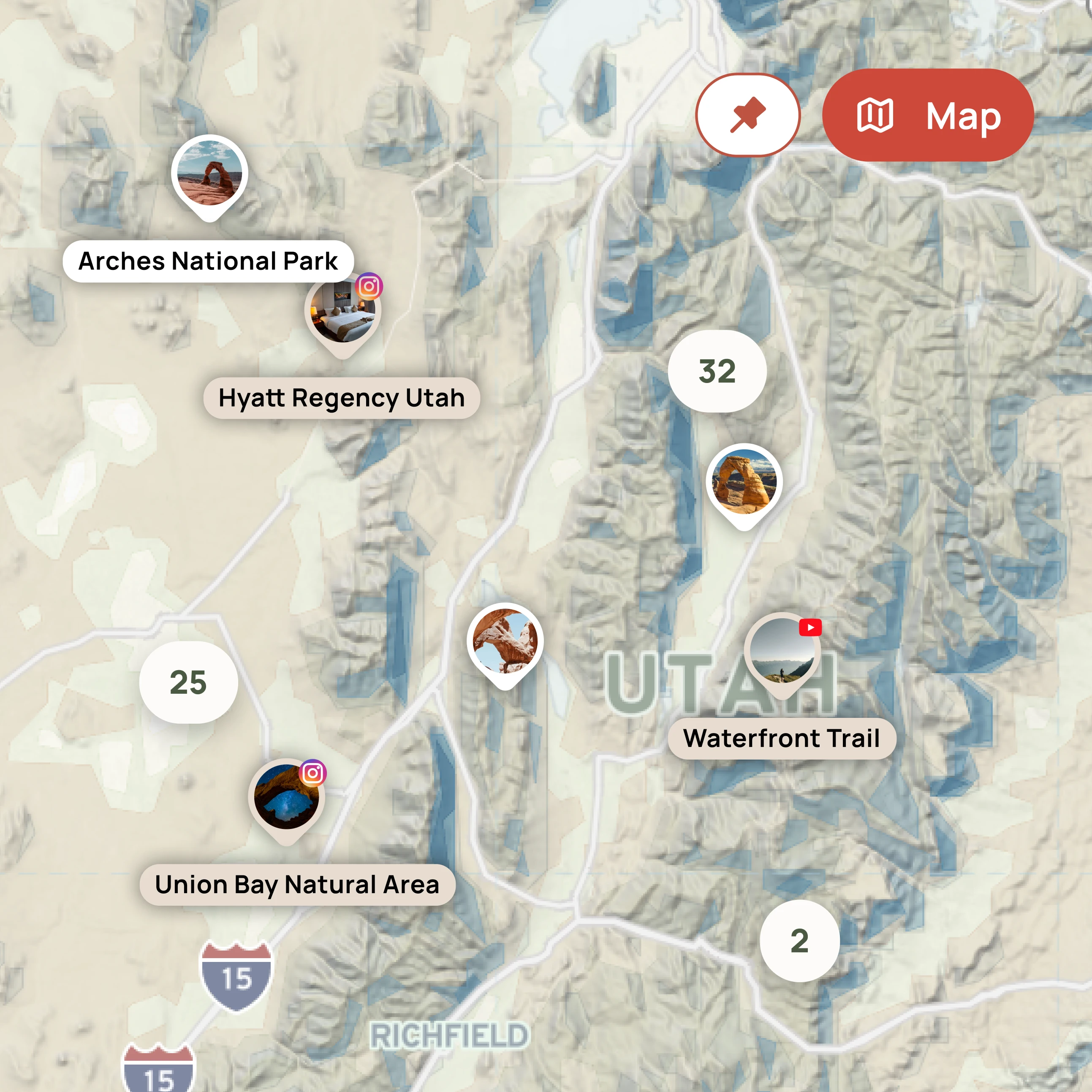 Wander Maps map of Utah with saved places pinned from Instagram and YouTube