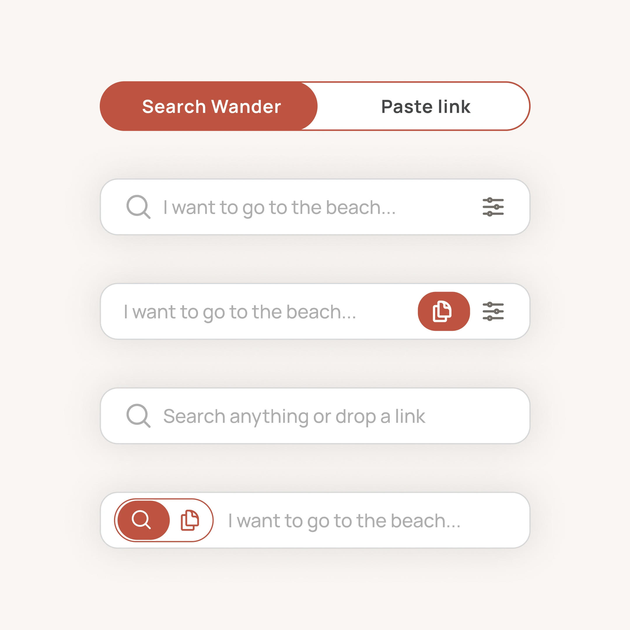 Wander search bar variants with a Search Wander and Paste link toggle