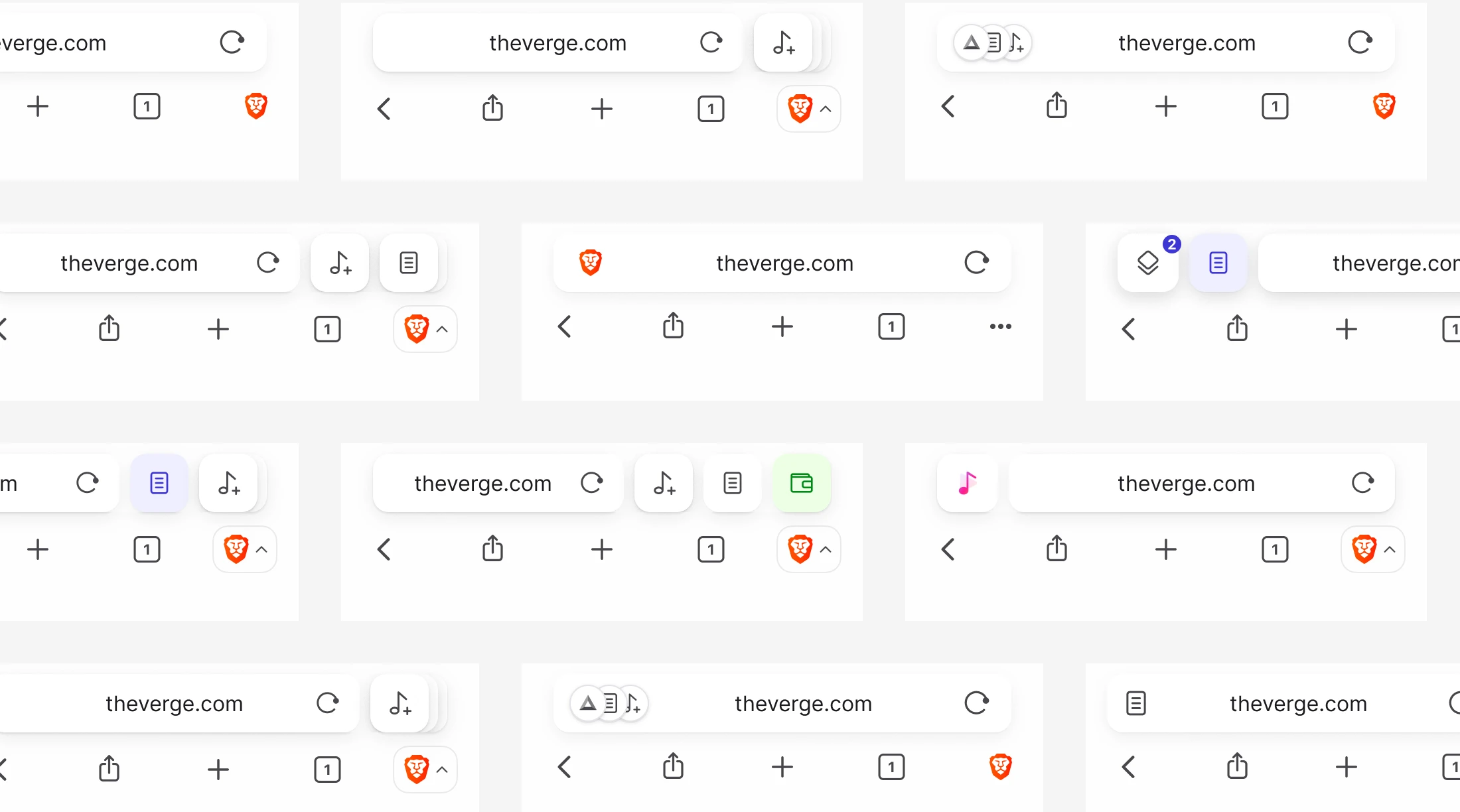 Grid of Brave address bar and toolbar variations explored during the redesign