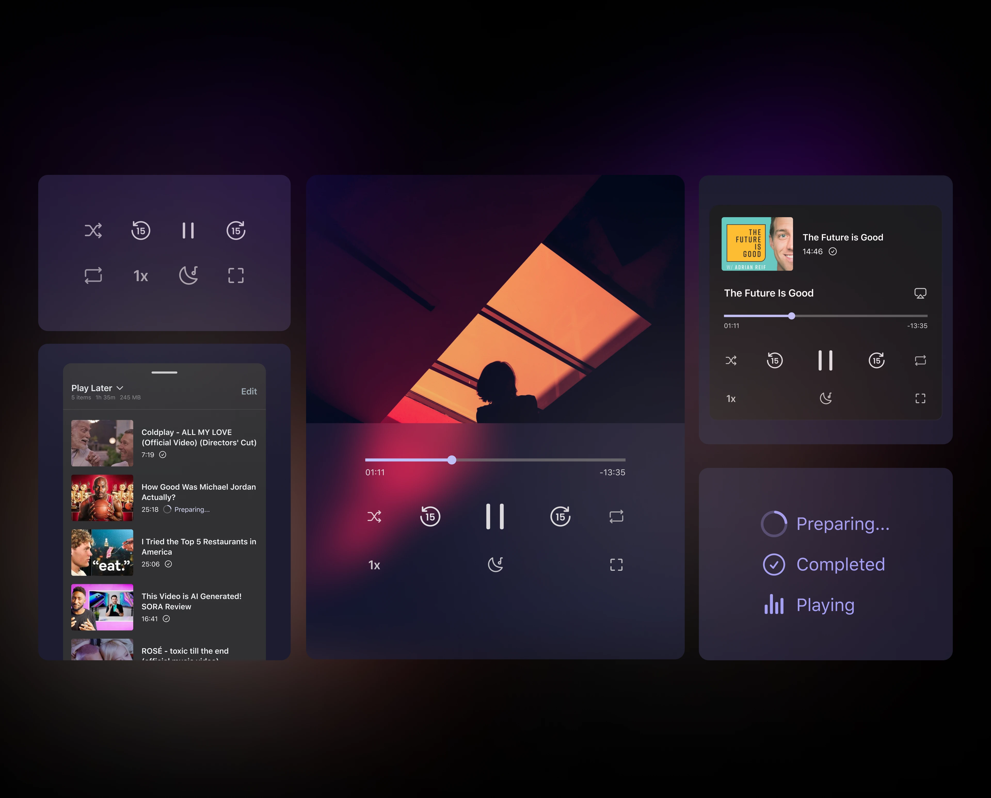 Brave Playlist components: player controls, Play Later queue, now playing card and status icons