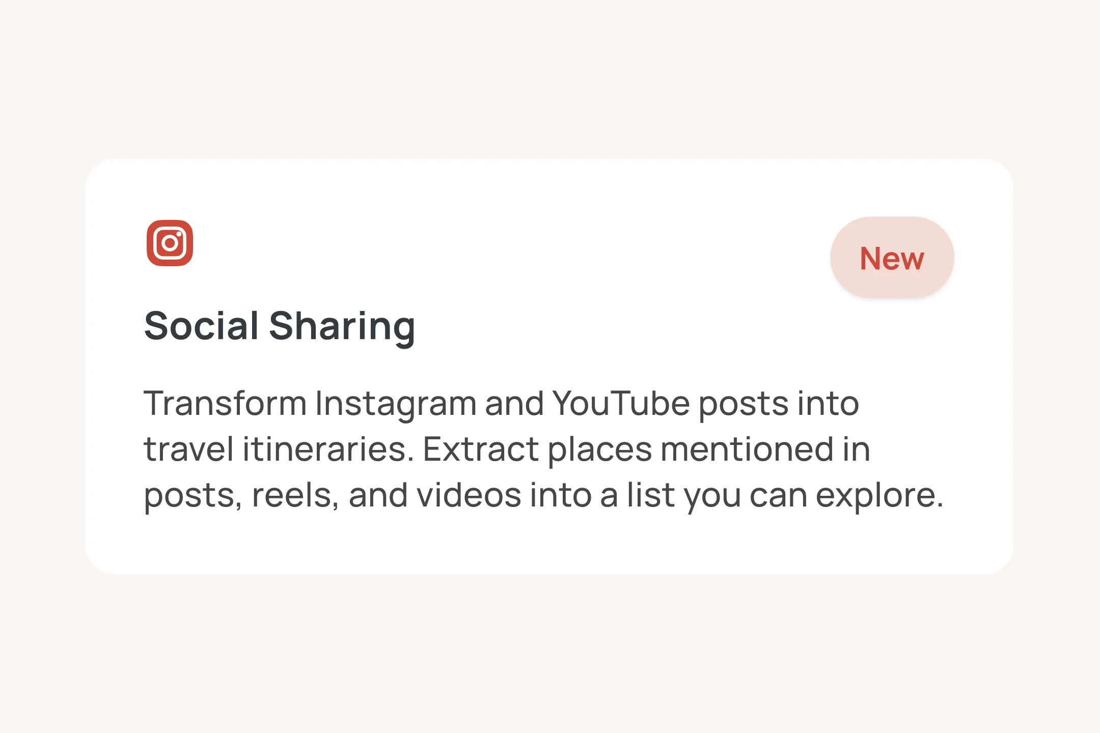 Wander feature card explaining Social Sharing from Instagram and YouTube posts