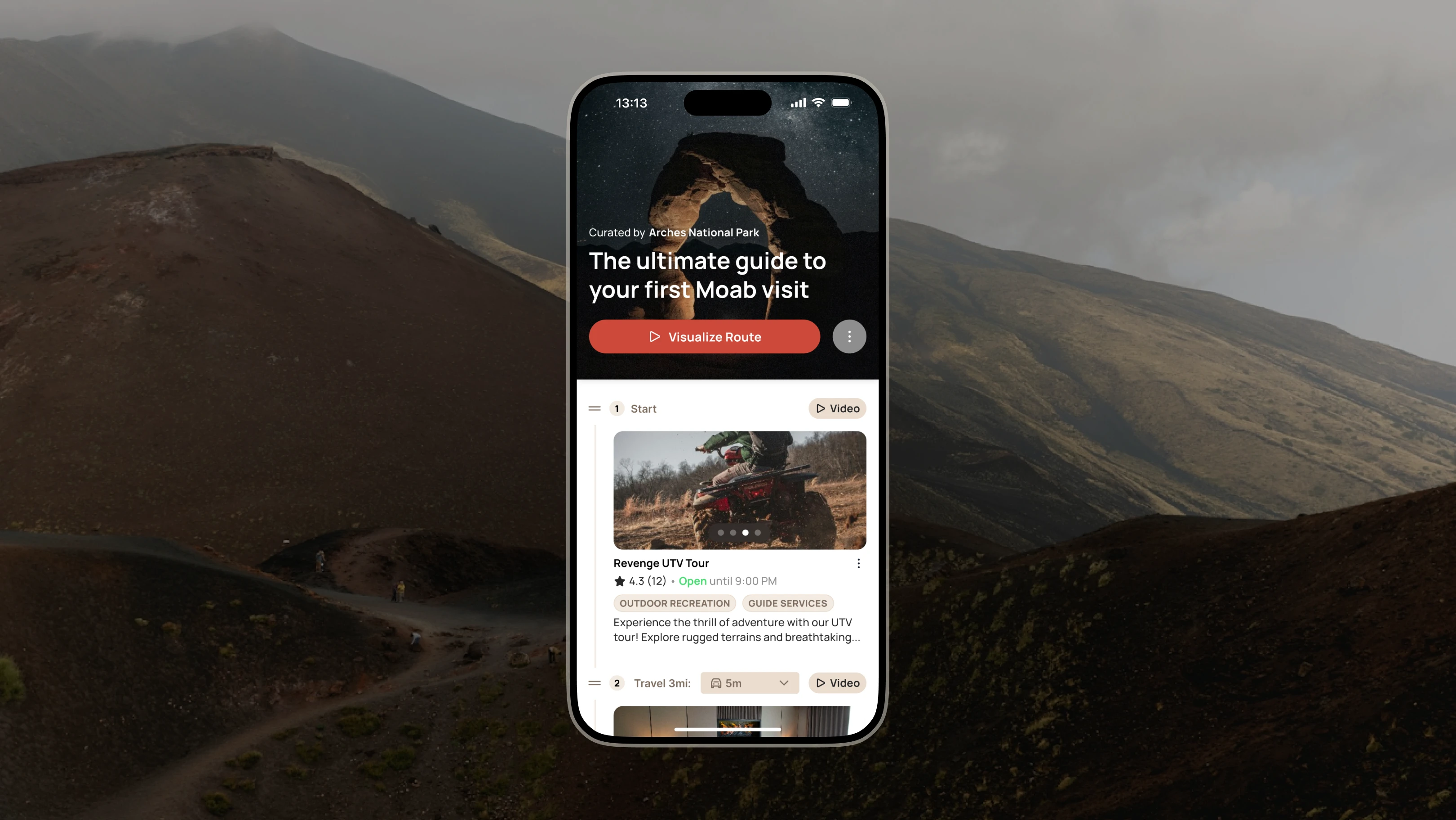 Wander Maps on iPhone showing a curated Moab guide with route stops
