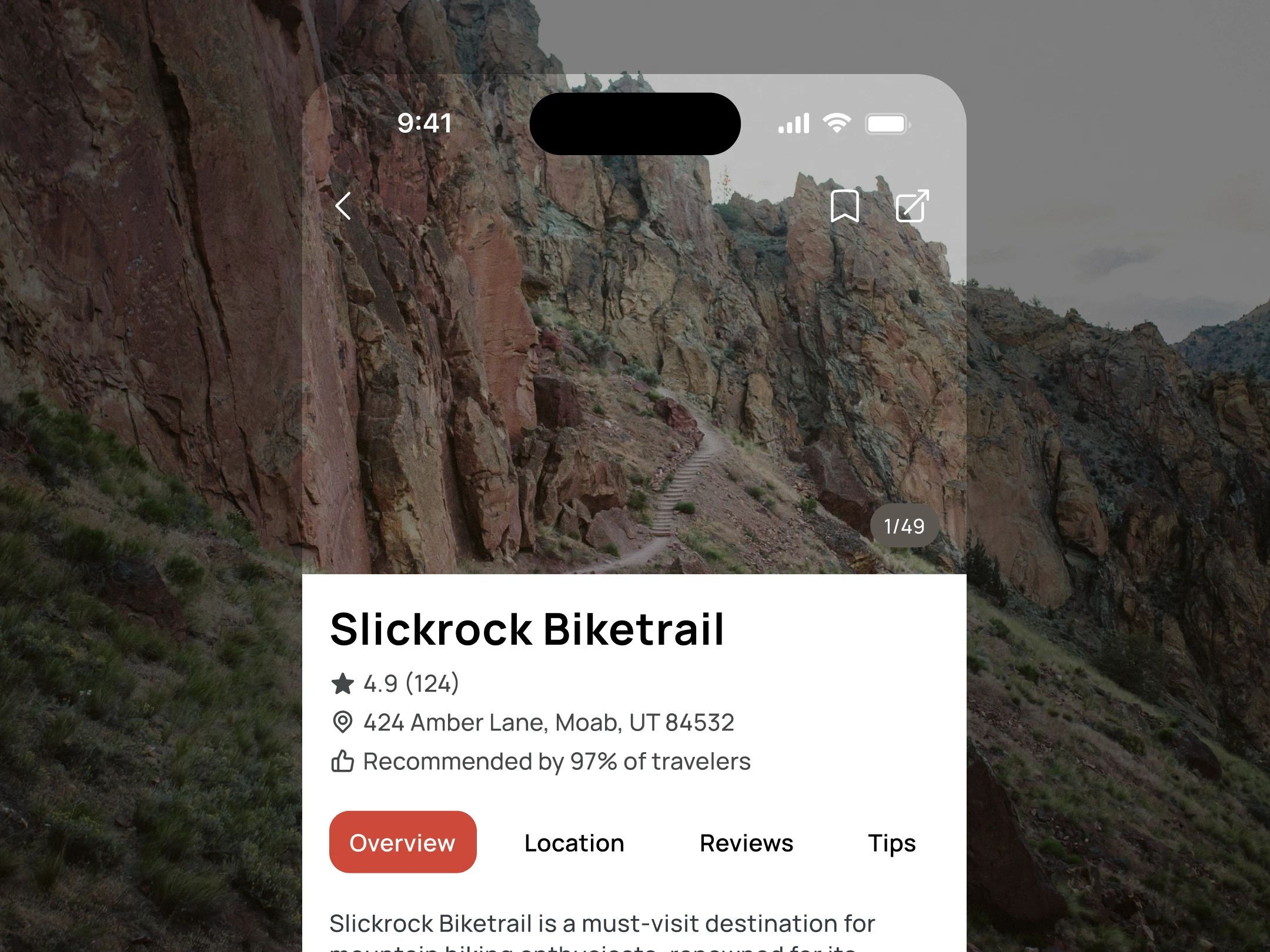 Wander place page for Slickrock Biketrail with rating, address and tabs