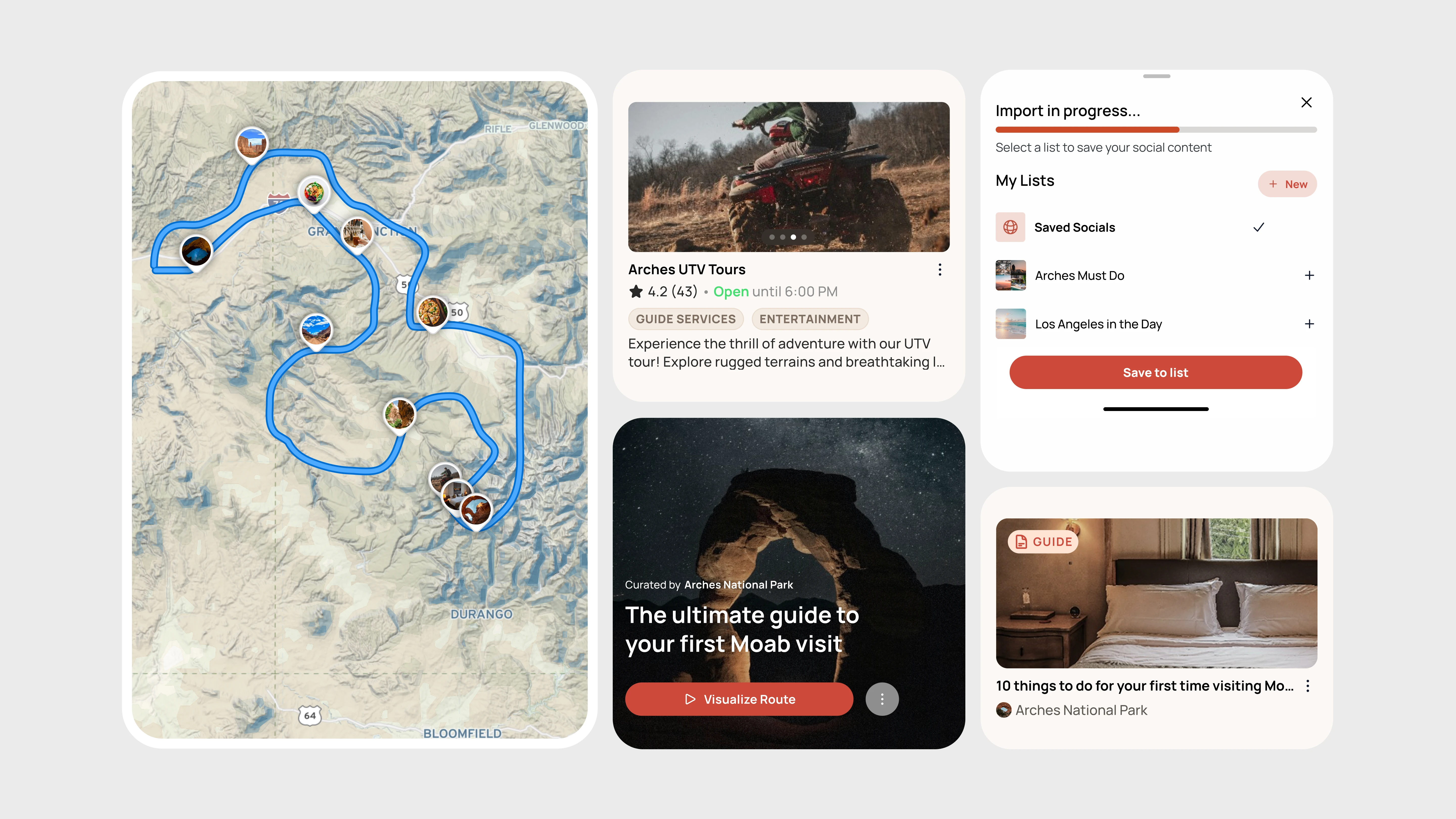 Wander screens: route map, activity card, Moab guide and save-to-list sheet