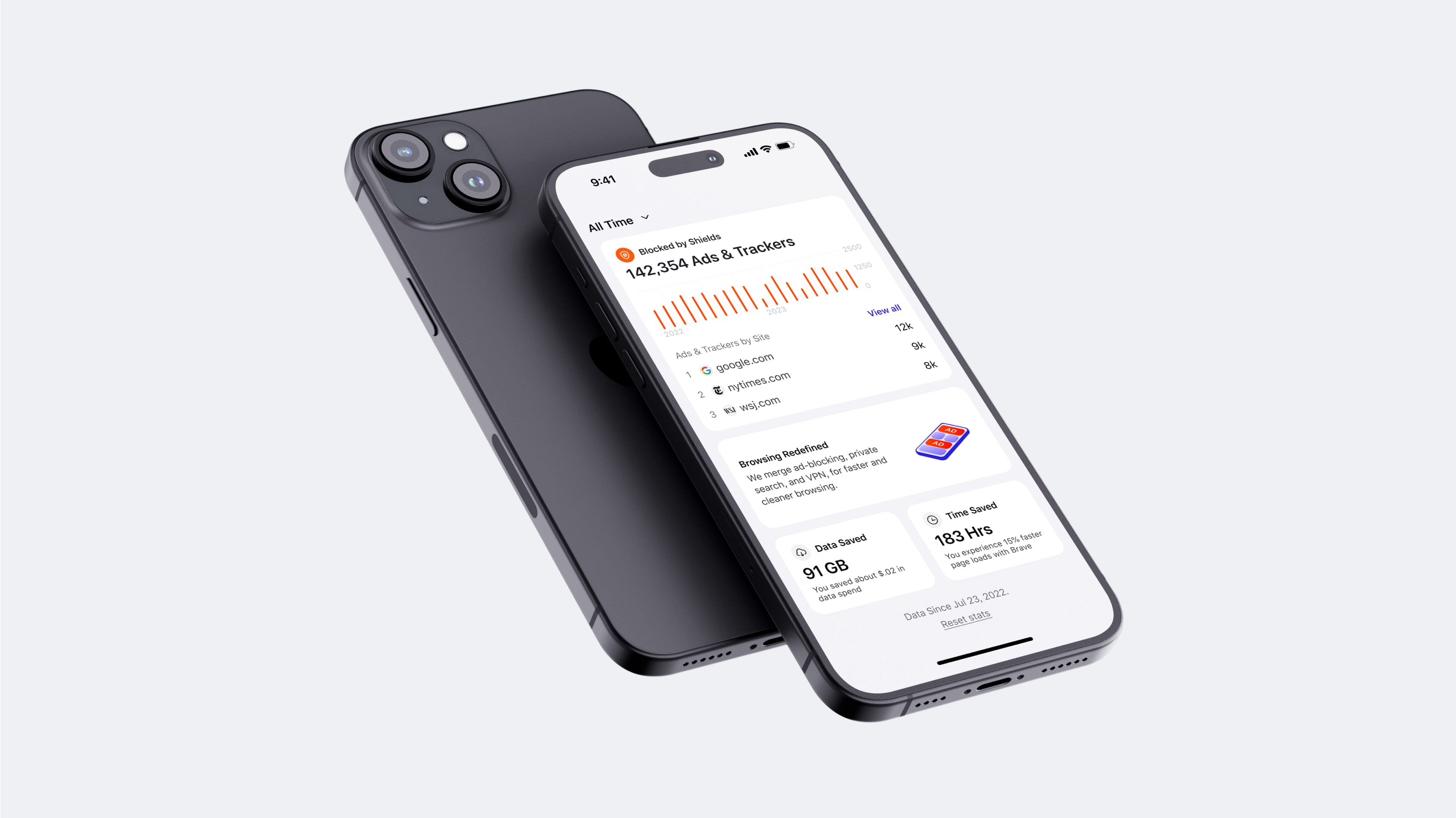 Brave on iPhone showing a privacy stats page of ads and trackers blocked by Shields