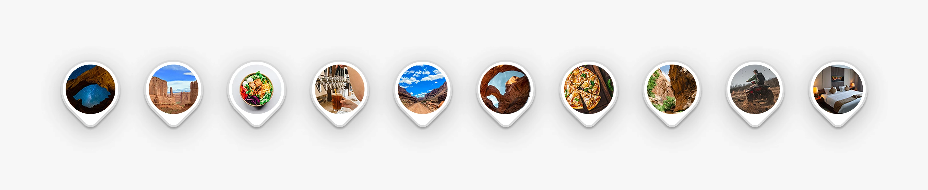 Row of Wander map pins, each framing a destination photo