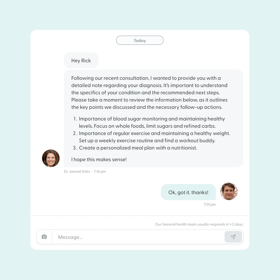 LifeMD message thread with a doctor's follow-up note and the patient's reply